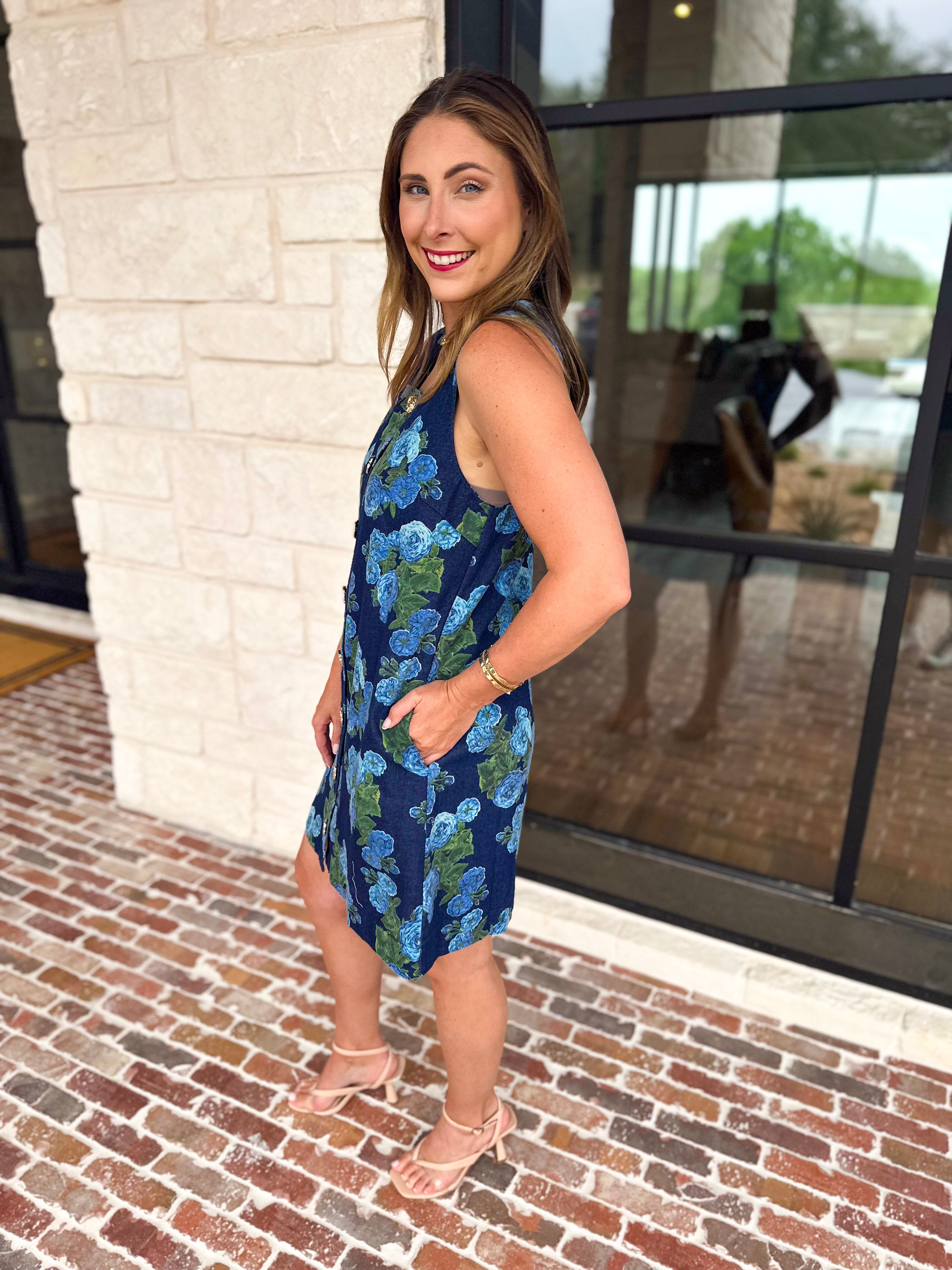 Retro Blue Floral Denim Mini Dress-510 Mini-ENTRO-July & June Women's Fashion Boutique Located in San Antonio, Texas