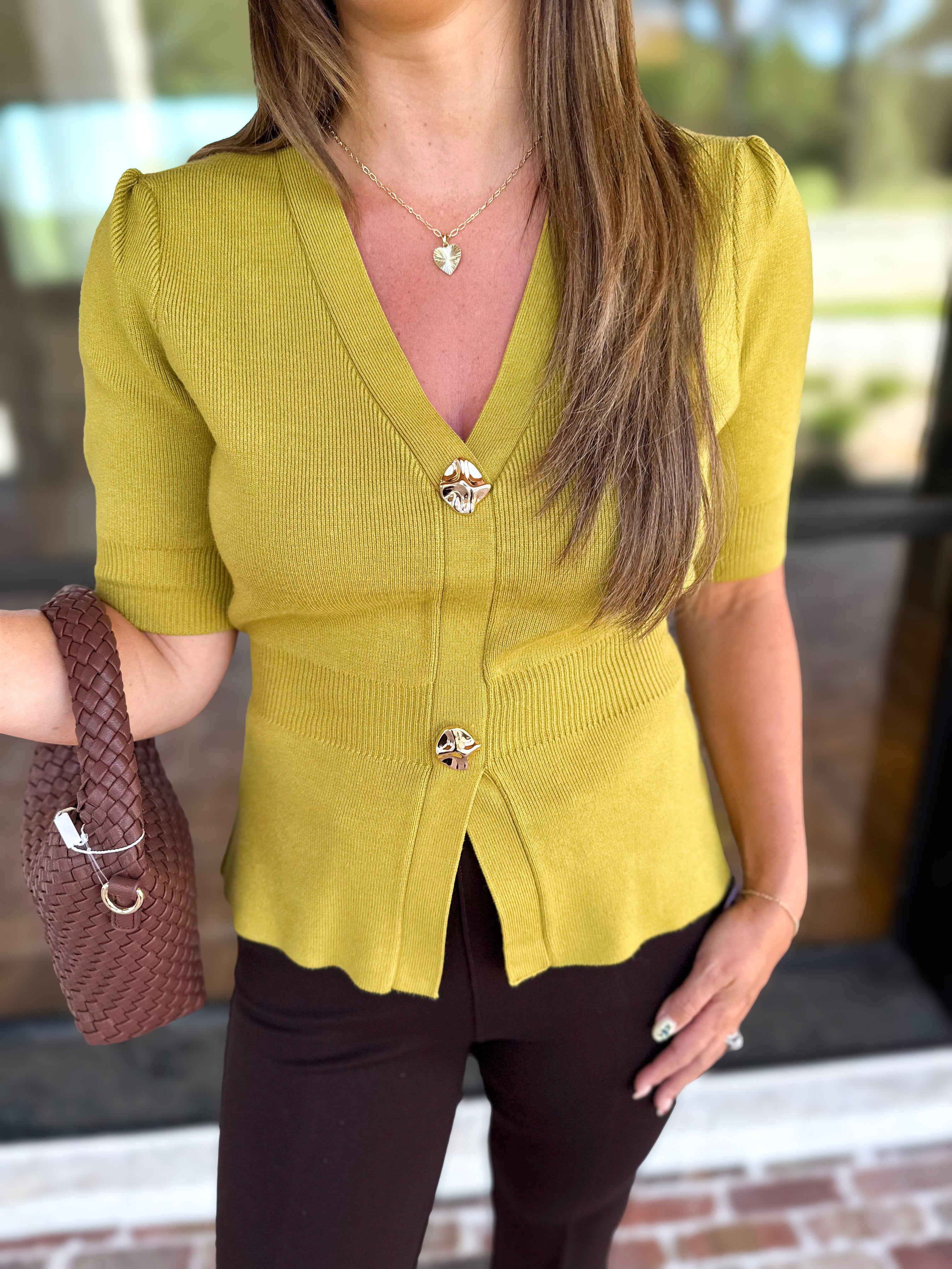Posh Peplum Knit Blouse - Chartreuse-230 Sweaters/Cardis-SKIES ARE BLUE-July & June Women's Fashion Boutique Located in San Antonio, Texas
