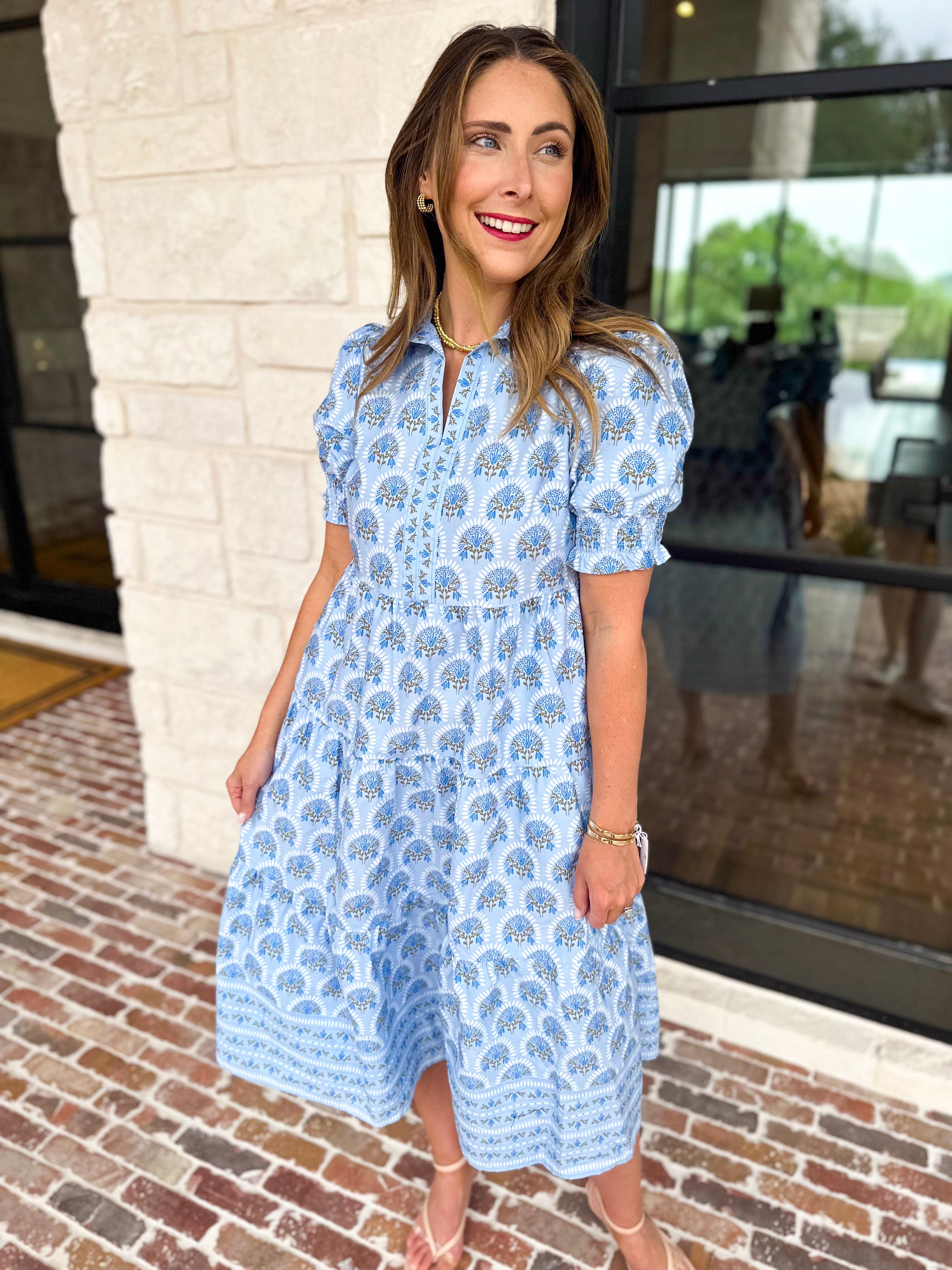 MARY SQUARE - Molly Sunshower Blue Flora Midi Dress-500 Midi-MARY SQUARE-July & June Women's Fashion Boutique Located in San Antonio, Texas