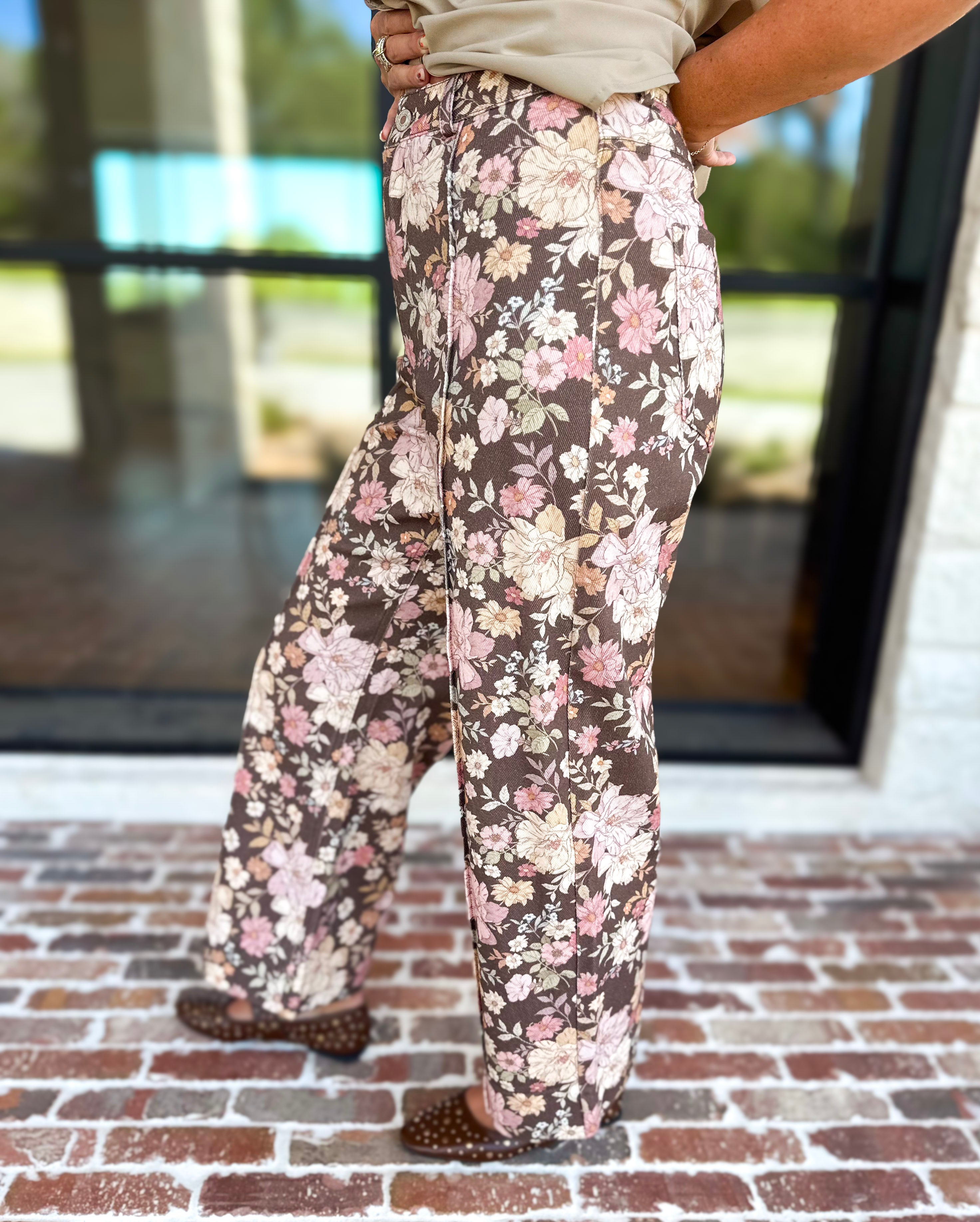 Fall Floral Denim Pants - Brown-400 Pants-ENTRO-July & June Women's Fashion Boutique Located in San Antonio, Texas