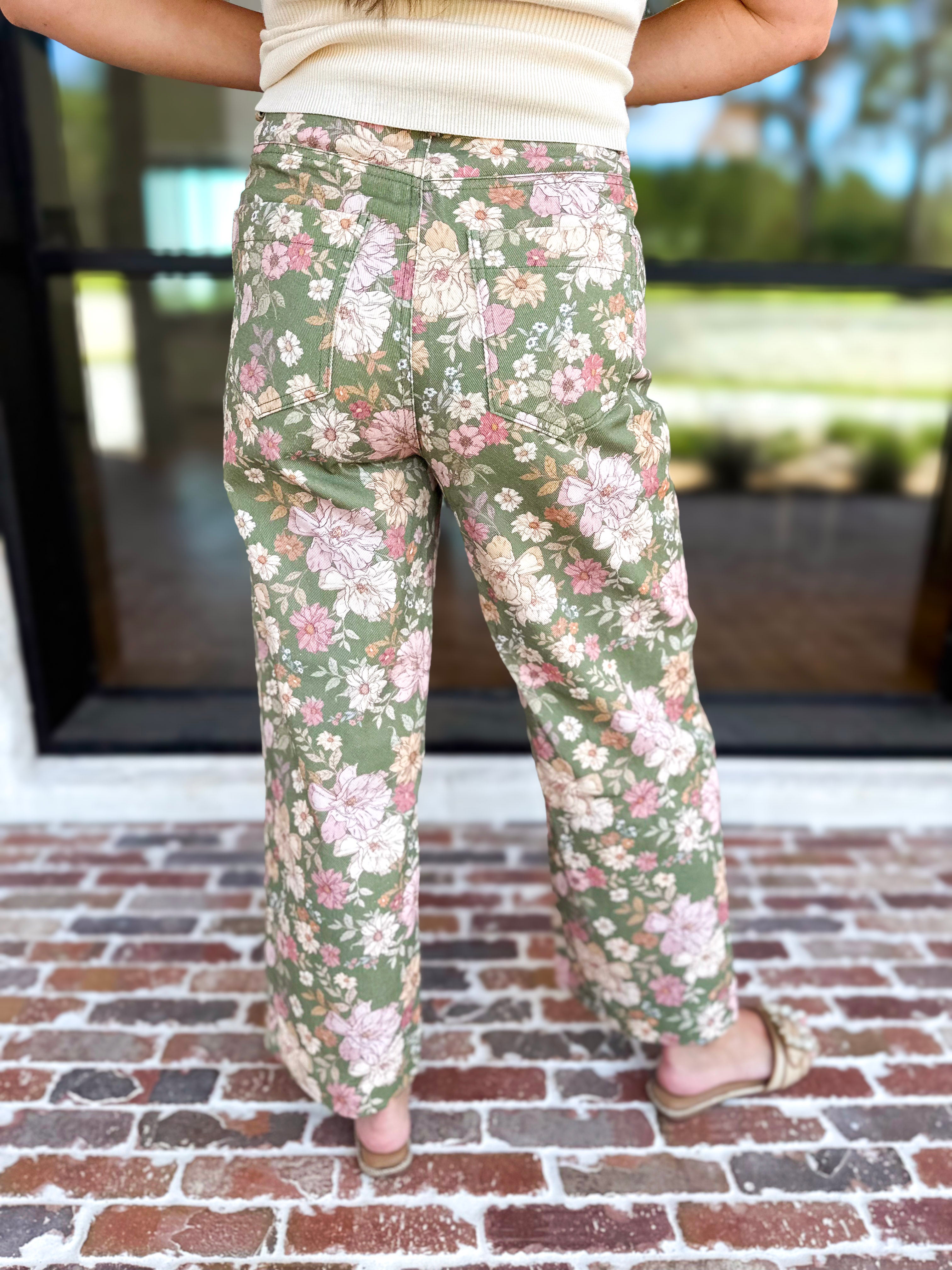 Fall Floral Denim Pants - Olive-400 Pants-ENTRO-July & June Women's Fashion Boutique Located in San Antonio, Texas