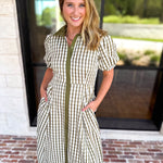 Olive Gingham & Collared Midi Dress-500 Midi-ENTRO-July & June Women's Fashion Boutique Located in San Antonio, Texas