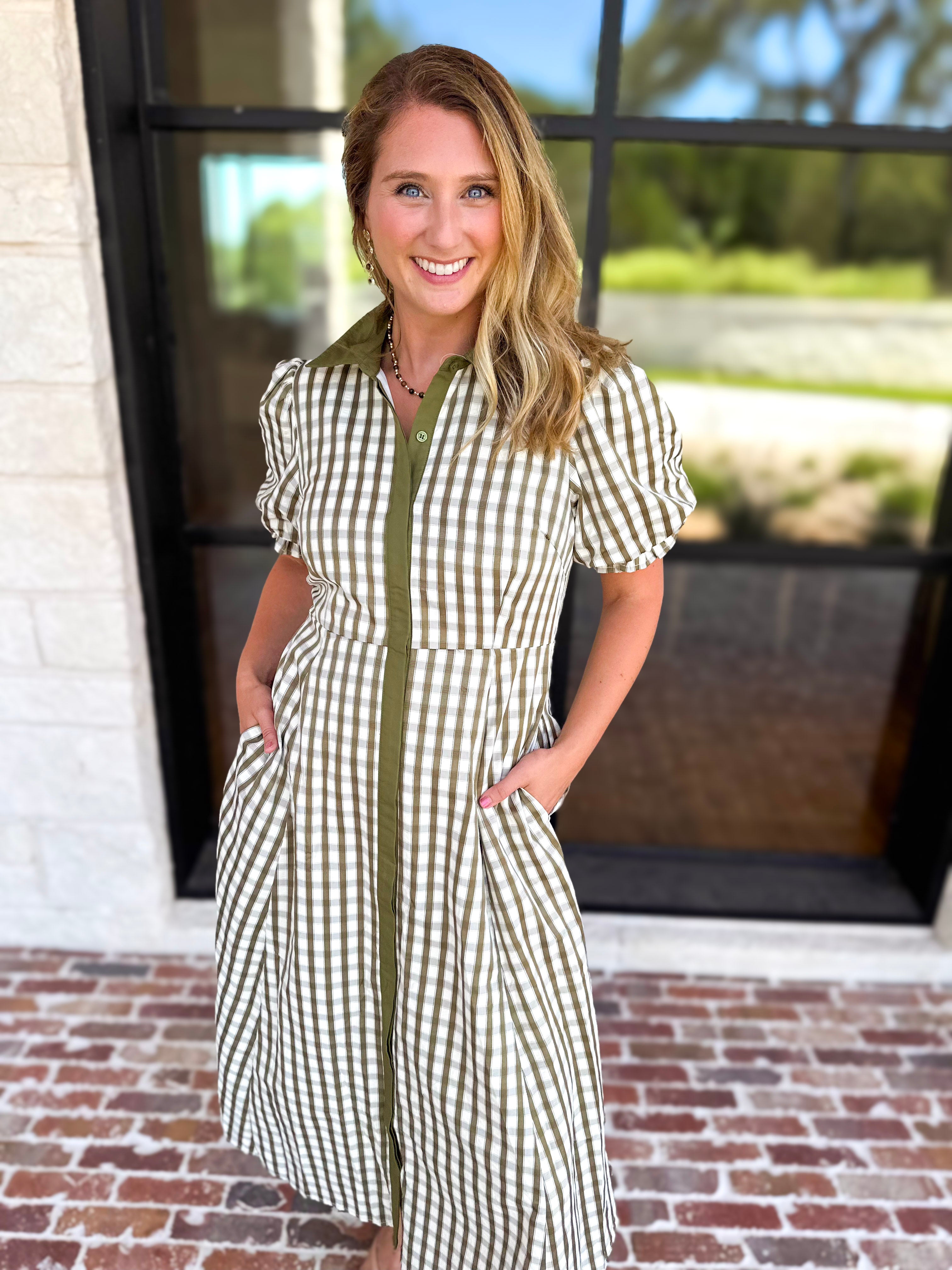 Olive Gingham & Collared Midi Dress-500 Midi-ENTRO-July & June Women's Fashion Boutique Located in San Antonio, Texas