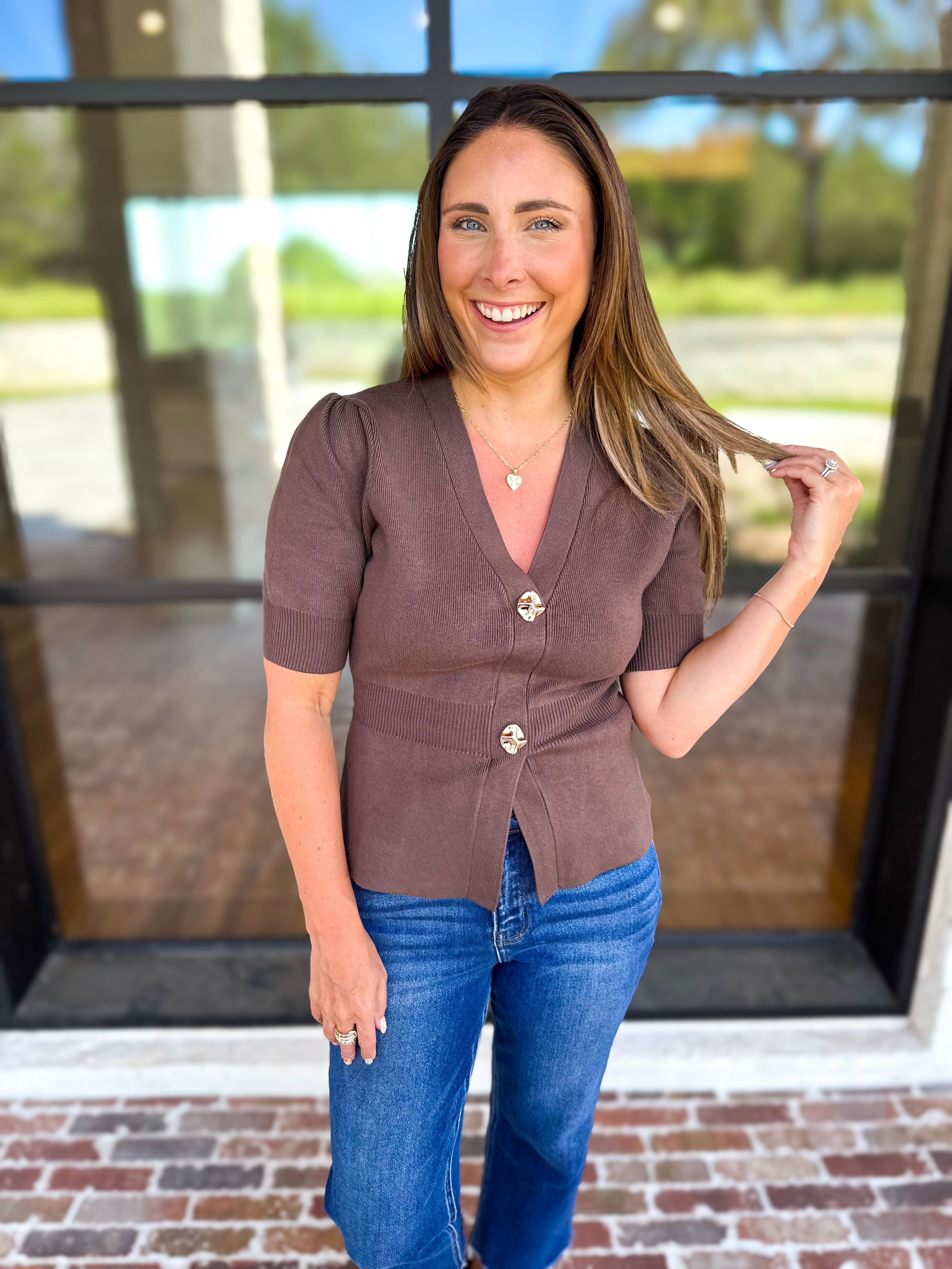 Posh Peplum Knit Blouse - Chocolate-230 Sweaters/Cardis-SKIES ARE BLUE-July & June Women's Fashion Boutique Located in San Antonio, Texas