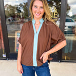 Contrast Chic Blouse - Cocoa Sky-200 Fashion Blouses-ENTRO-July & June Women's Fashion Boutique Located in San Antonio, Texas