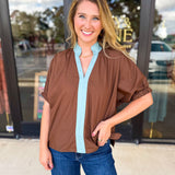 Contrast Chic Blouse - Cocoa Sky-200 Fashion Blouses-ENTRO-July & June Women's Fashion Boutique Located in San Antonio, Texas