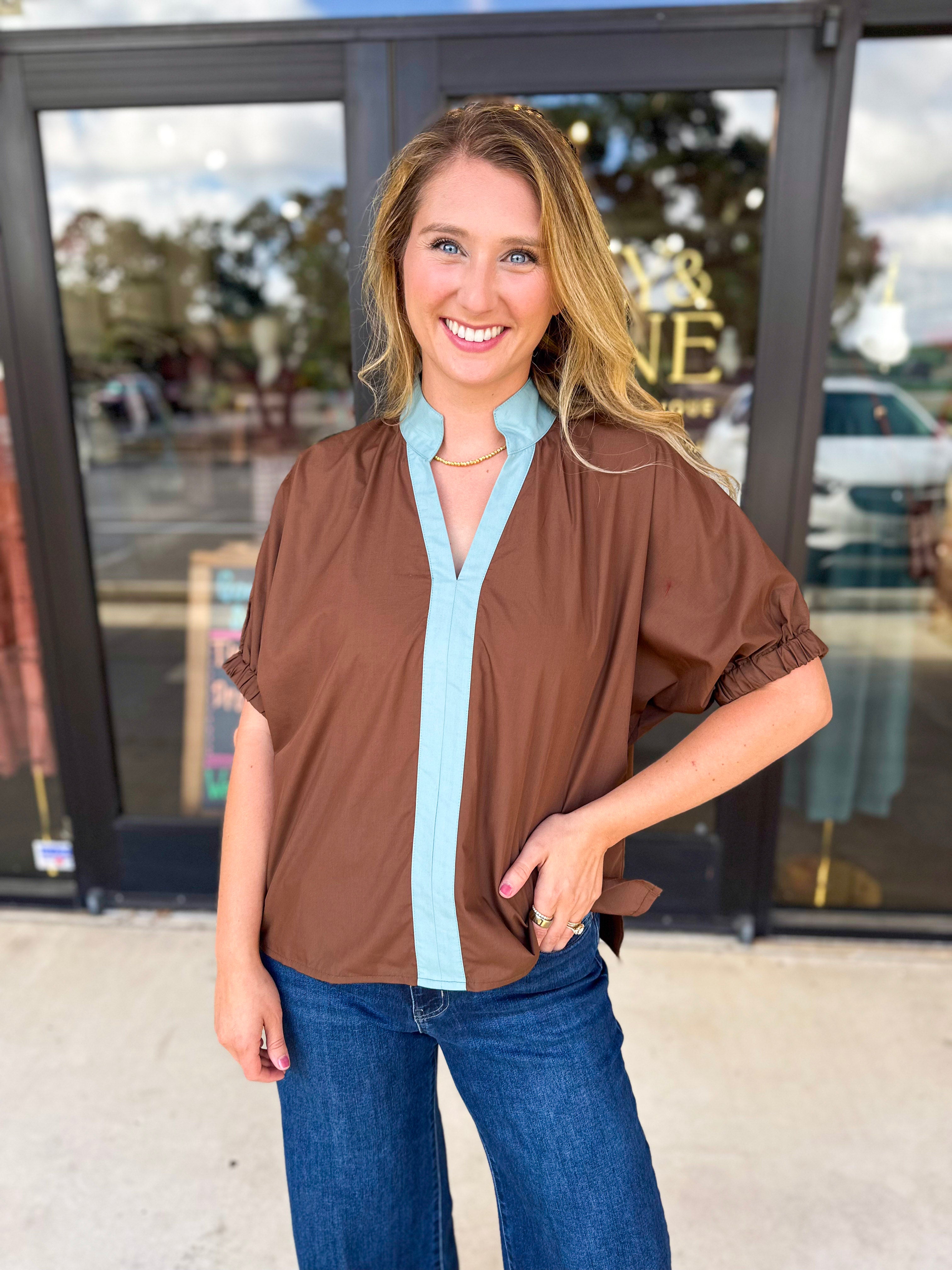Contrast Chic Blouse - Cocoa Sky-200 Fashion Blouses-ENTRO-July & June Women's Fashion Boutique Located in San Antonio, Texas