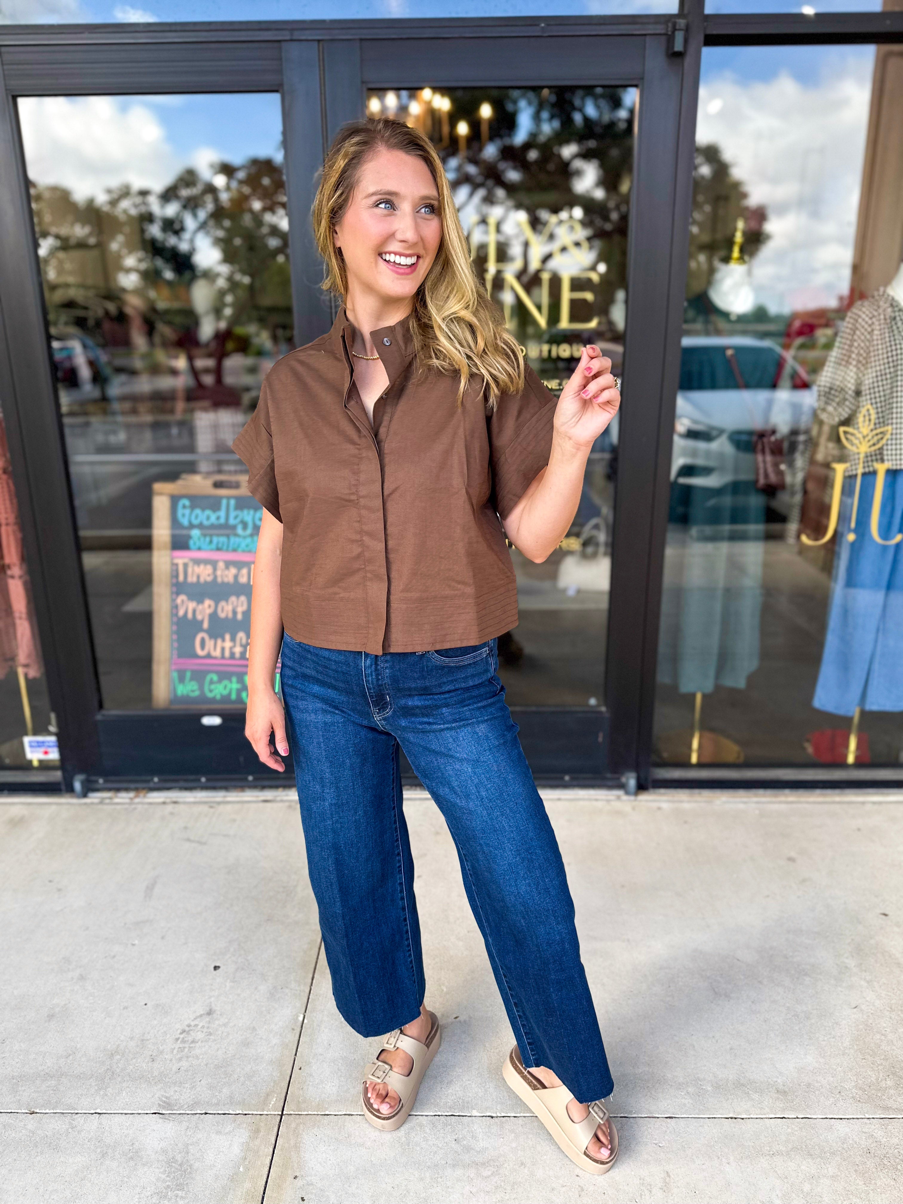 Chic Boxy Blouse - Brown-200 Fashion Blouses-ENTRO-July & June Women's Fashion Boutique Located in San Antonio, Texas