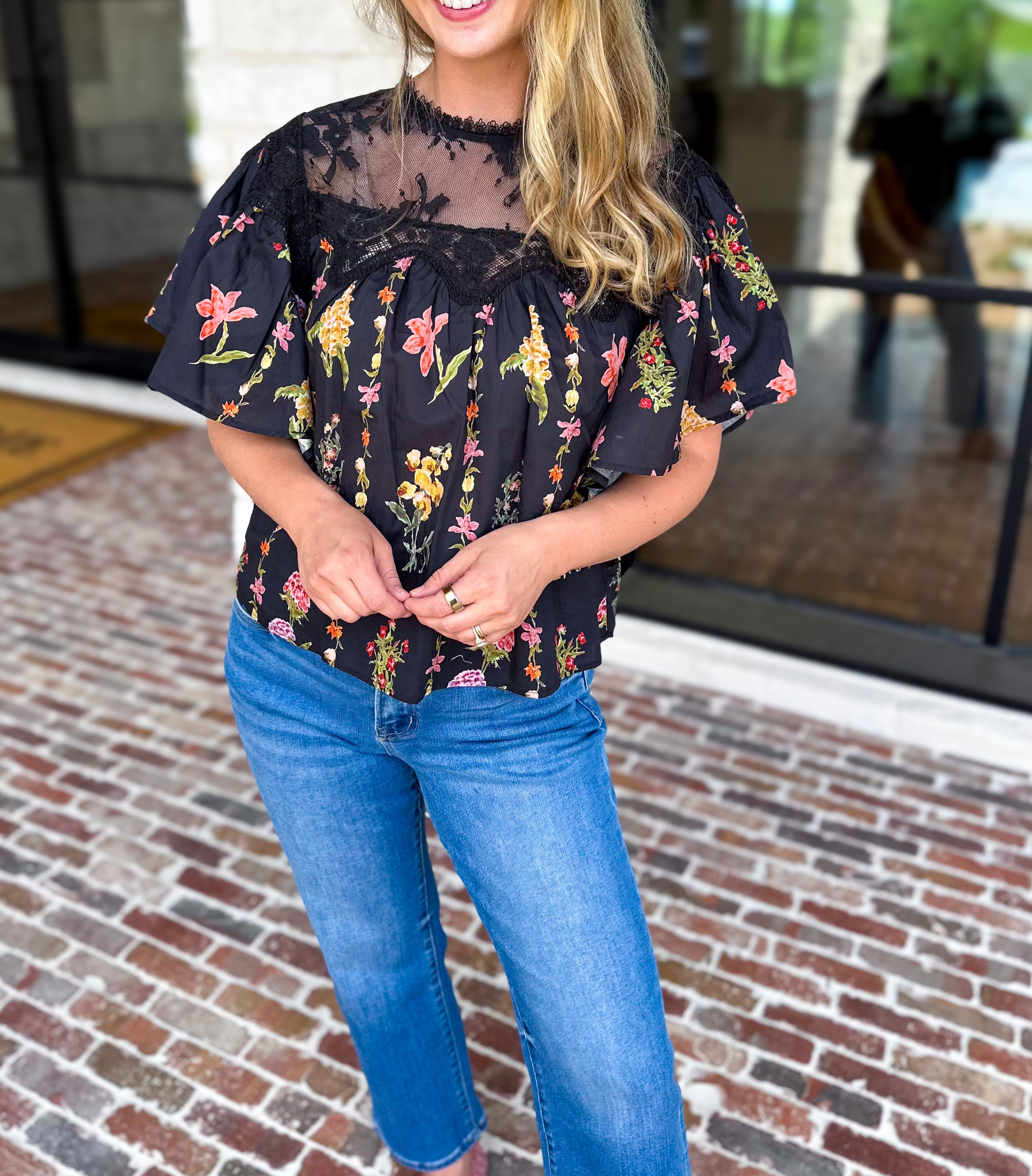 Black Lace & Floral Blouse-200 Fashion Blouses-ENTRO-July & June Women's Fashion Boutique Located in San Antonio, Texas