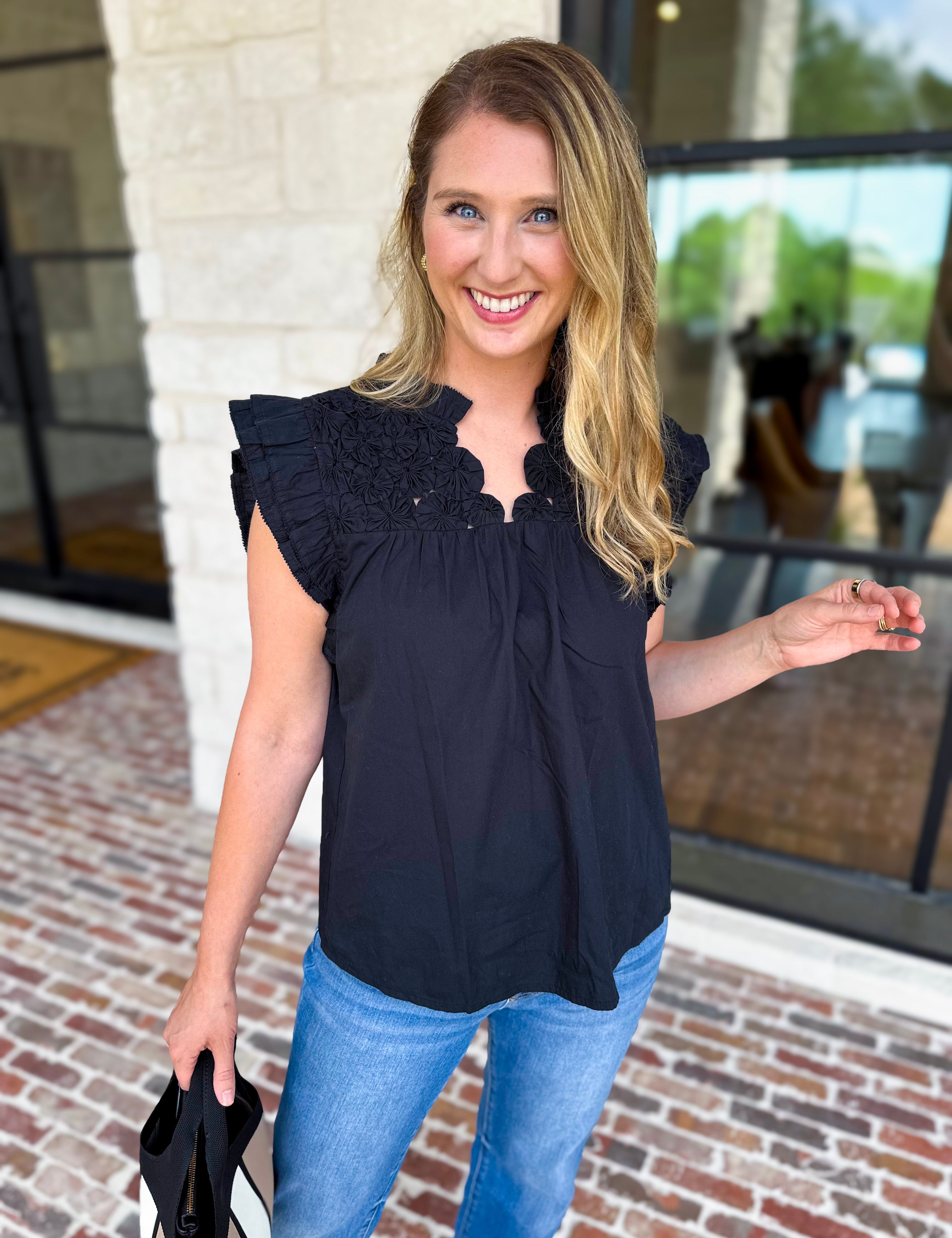 THML - Black Flutter Sleeve Blouse-200 Fashion Blouses-THML-July & June Women's Fashion Boutique Located in San Antonio, Texas