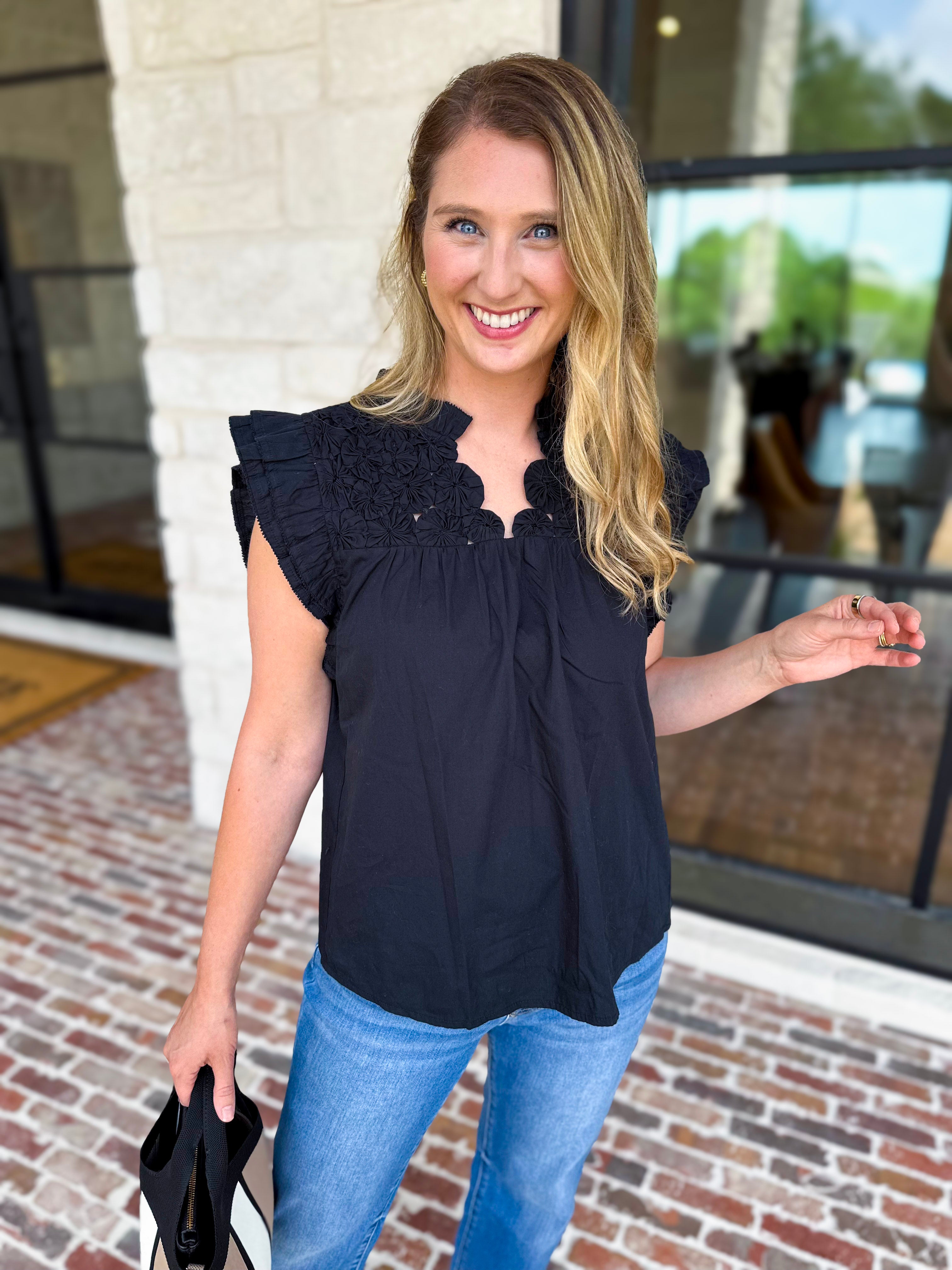 THML - Black Flutter Sleeve Blouse-200 Fashion Blouses-THML-July & June Women's Fashion Boutique Located in San Antonio, Texas
