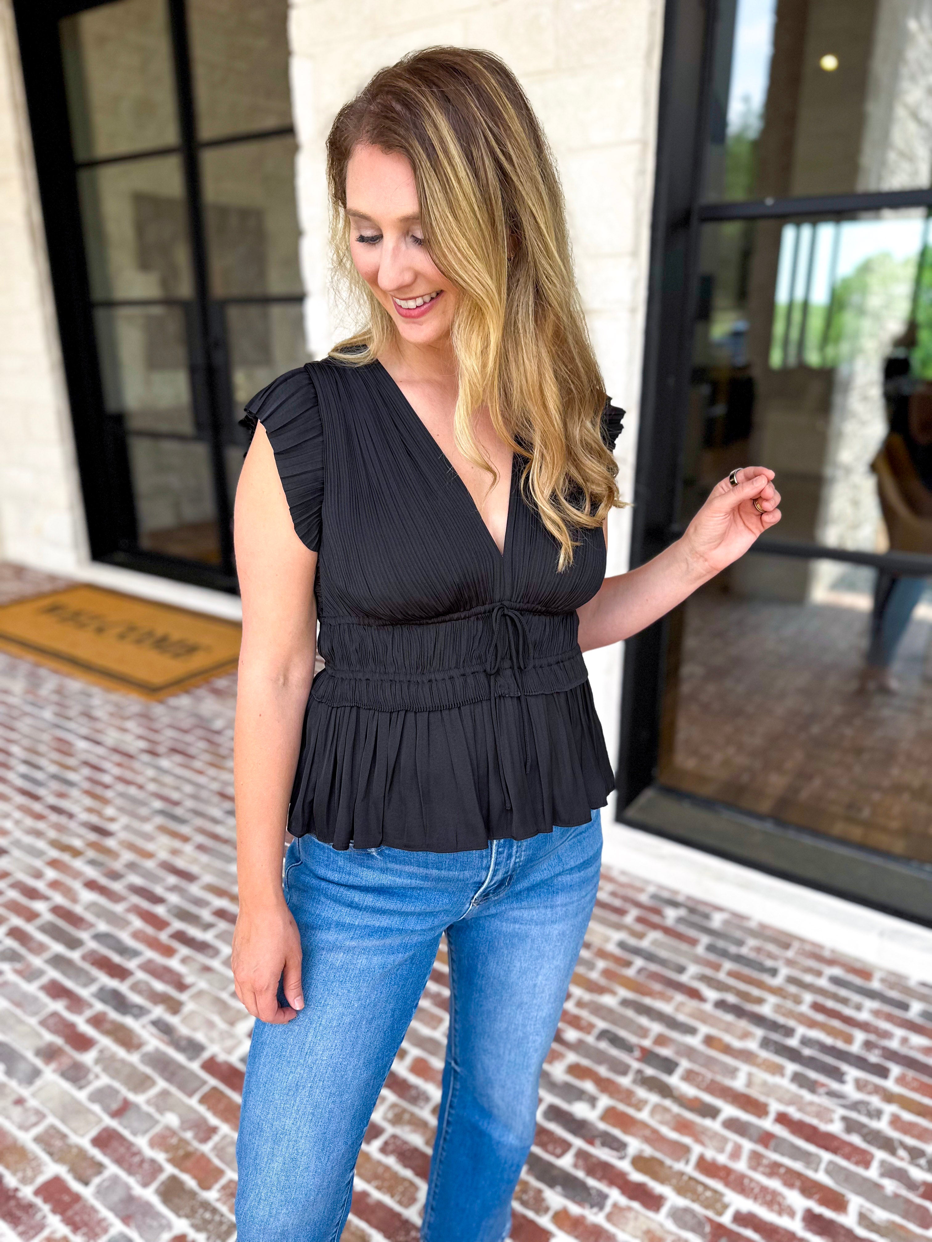 Current Air - Black Satin Date Night Blouse-200 Fashion Blouses-CURRENT AIR CLOTHING-July & June Women's Fashion Boutique Located in San Antonio, Texas