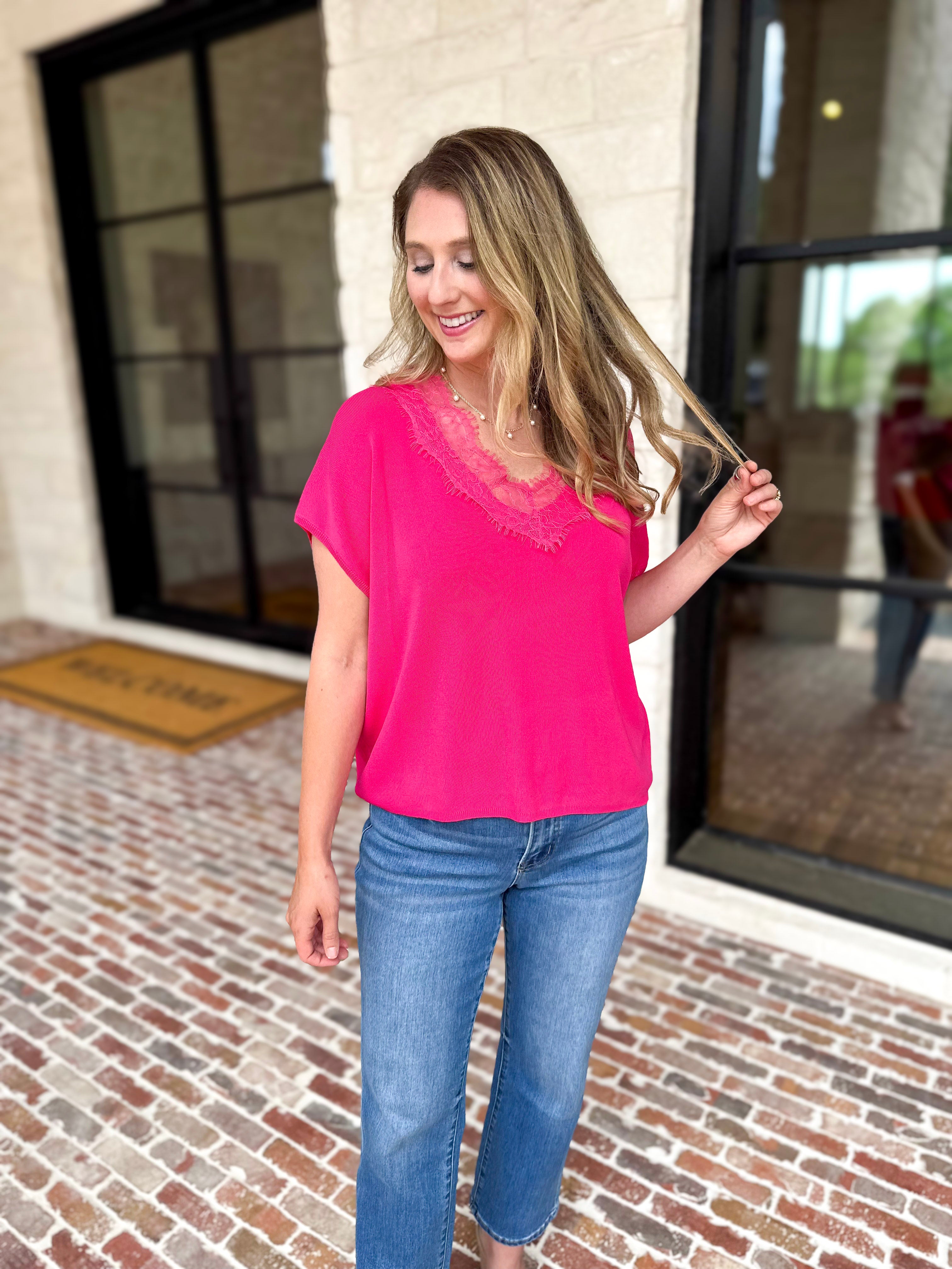 Lace Details Blouse - Hot Pink-200 Fashion Blouses-ENTRO-July & June Women's Fashion Boutique Located in San Antonio, Texas