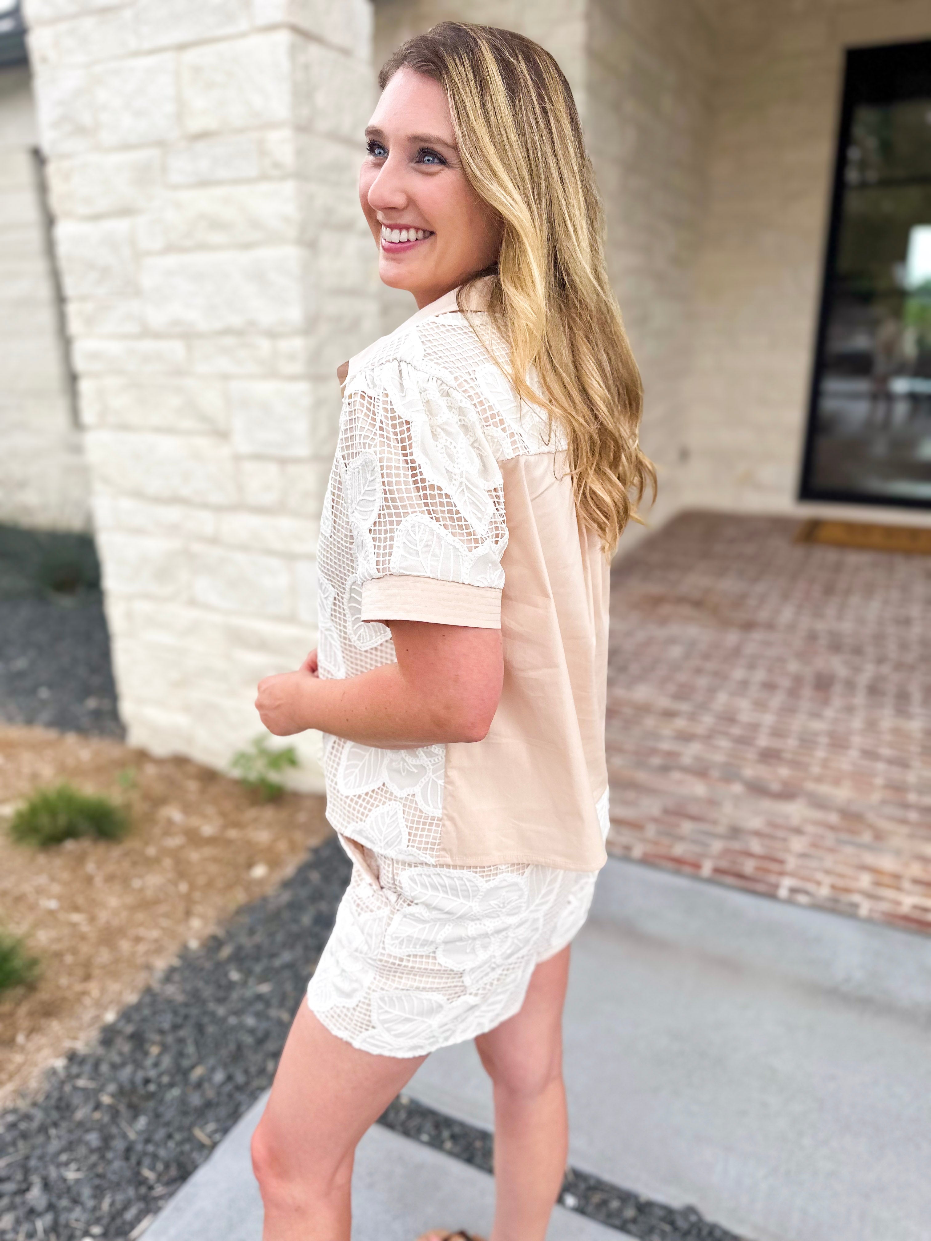 Taupe & Cream Crochet Short Set-510 Mini-STRUT & BOLT-July & June Women's Fashion Boutique Located in San Antonio, Texas