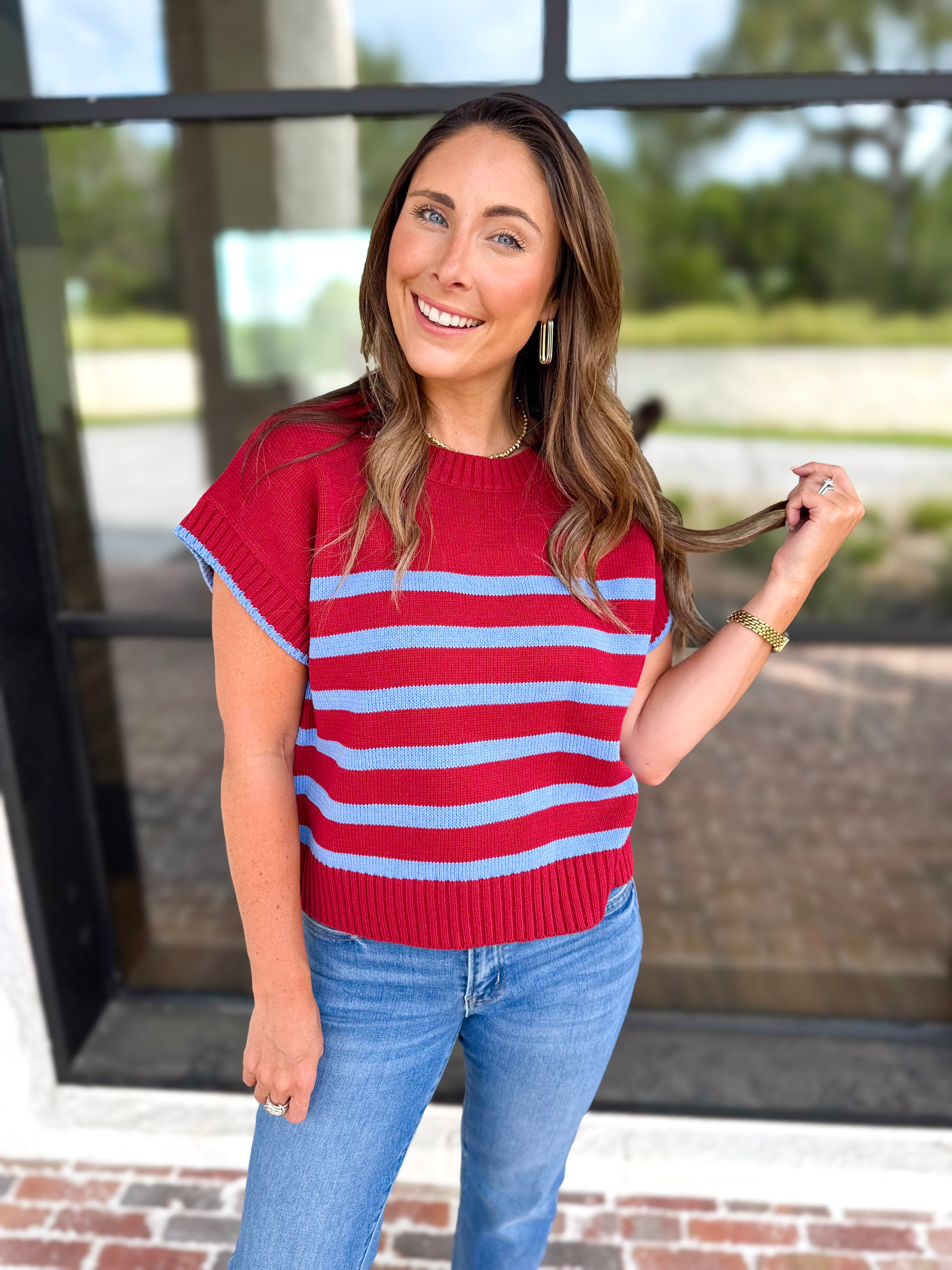 Effortless Striped Knit Top - Burgundy-230 Sweaters/Cardis-ENTRO-July & June Women's Fashion Boutique Located in San Antonio, Texas