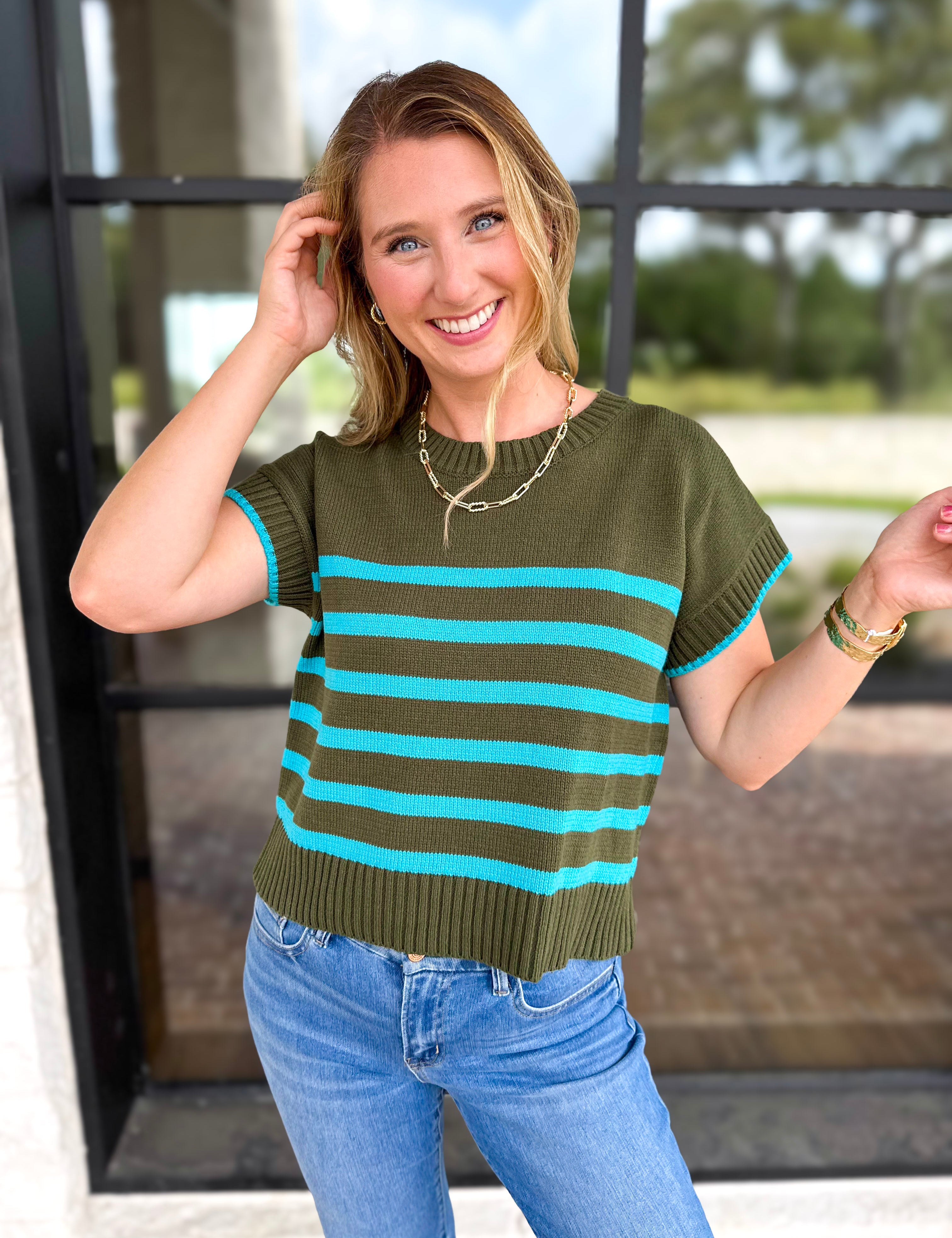 Effortless Striped Knit Top - Forest Green-230 Sweaters/Cardis-ENTRO-July & June Women's Fashion Boutique Located in San Antonio, Texas