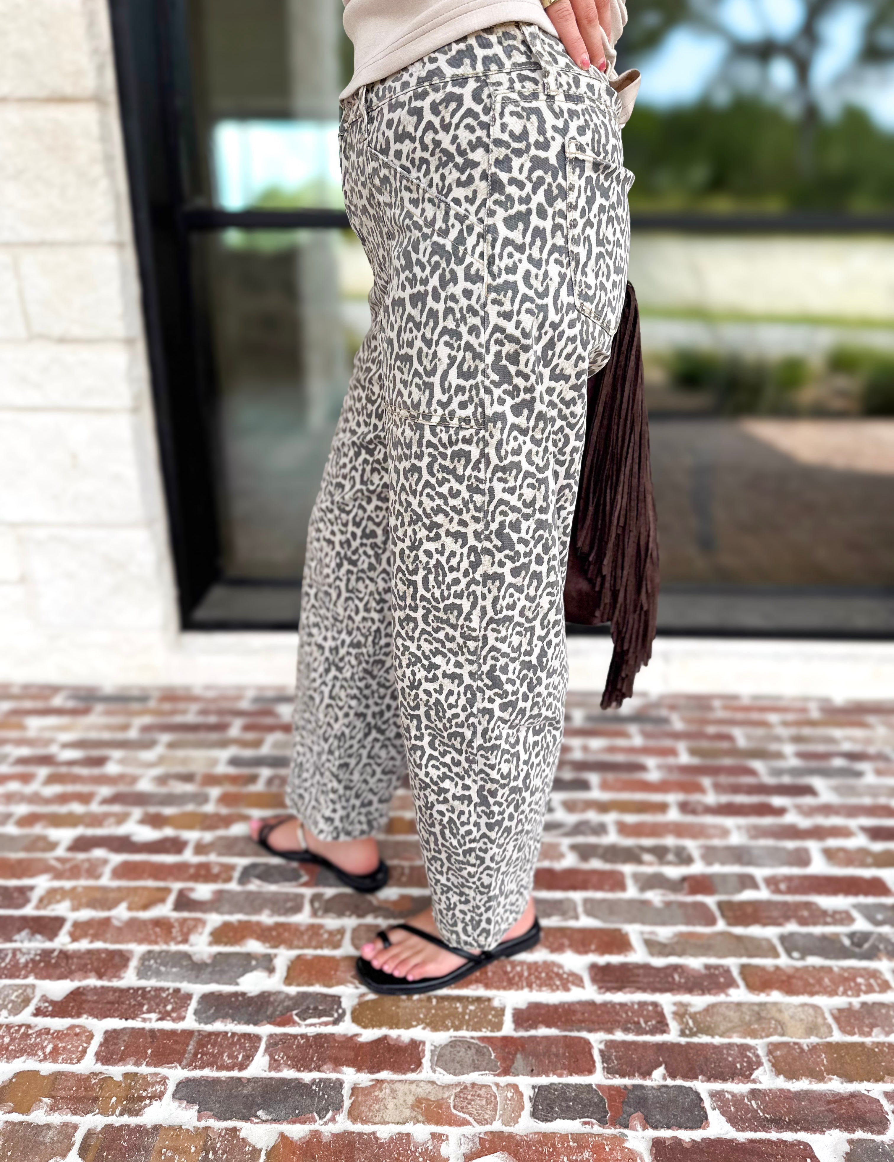 Vervet - High Rise Utility Cheetah Barrel Jeans-420 Denim-VEVERT BY FLYING MONKEY-July & June Women's Fashion Boutique Located in San Antonio, Texas