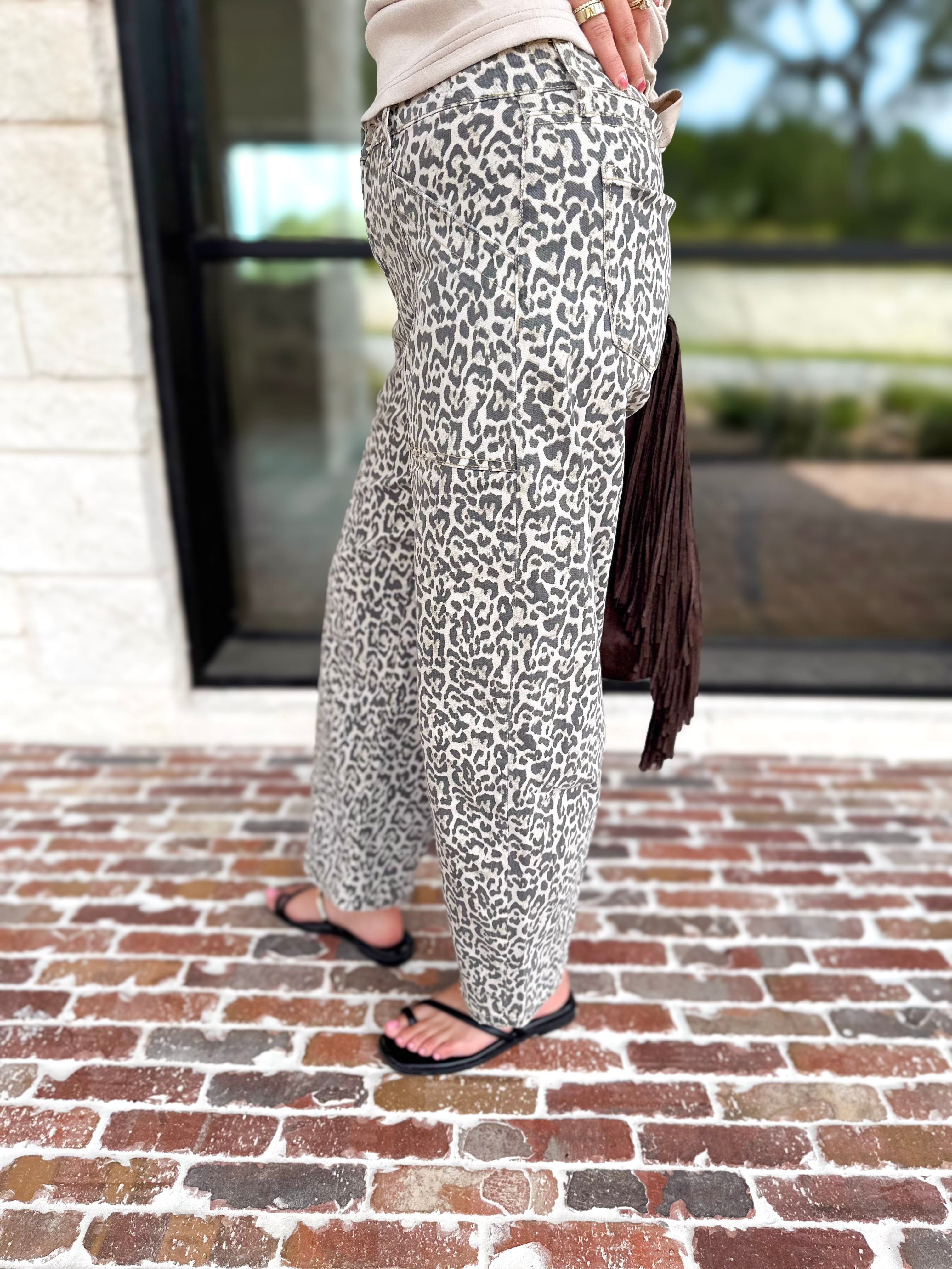 Vervet - High Rise Utility Cheetah Barrel Jeans-420 Denim-VEVERT BY FLYING MONKEY-July & June Women's Fashion Boutique Located in San Antonio, Texas