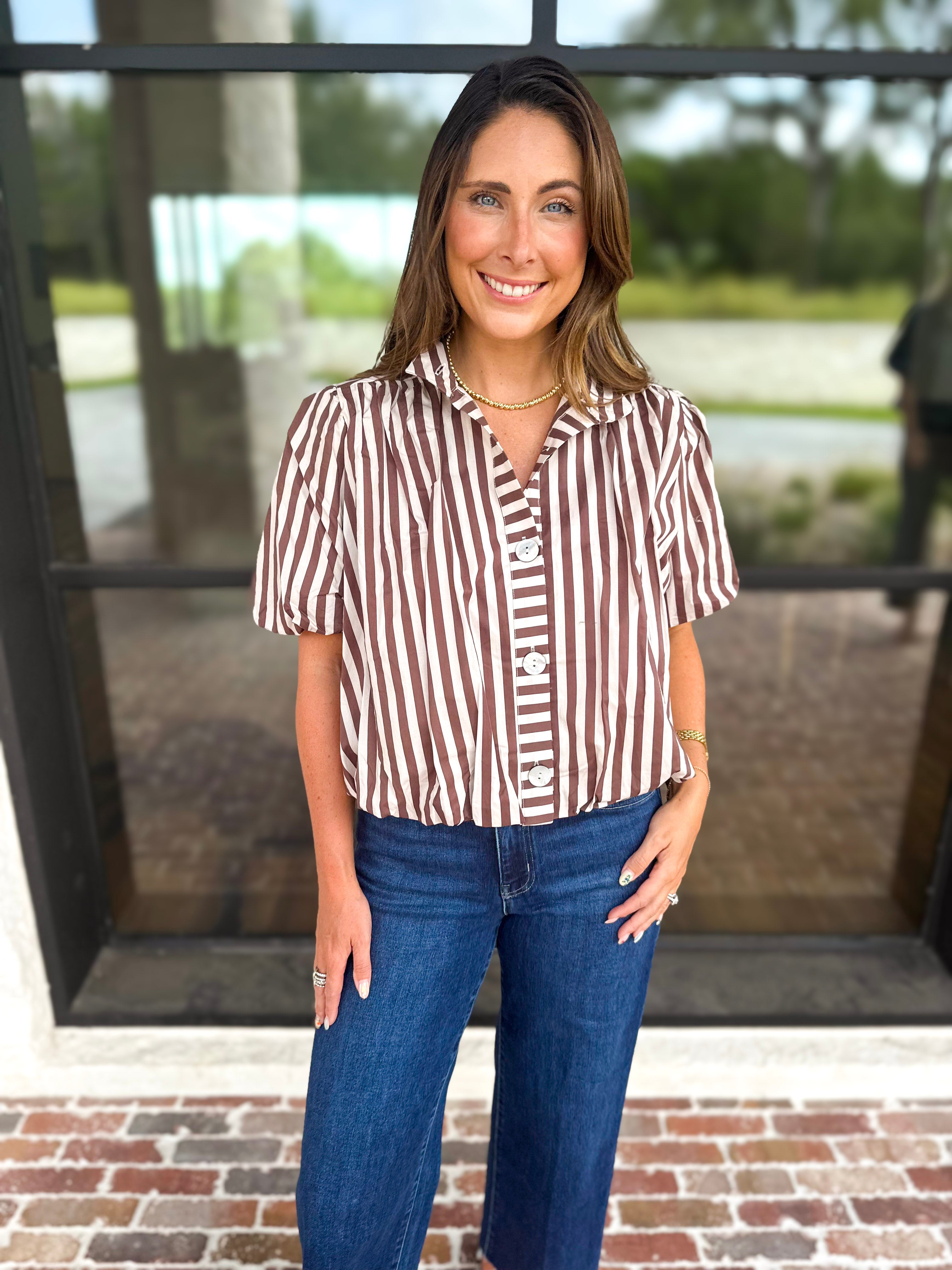 Coffee Date Blouse - Cream & Brown-200 Fashion Blouses-ENTRO-July & June Women's Fashion Boutique Located in San Antonio, Texas
