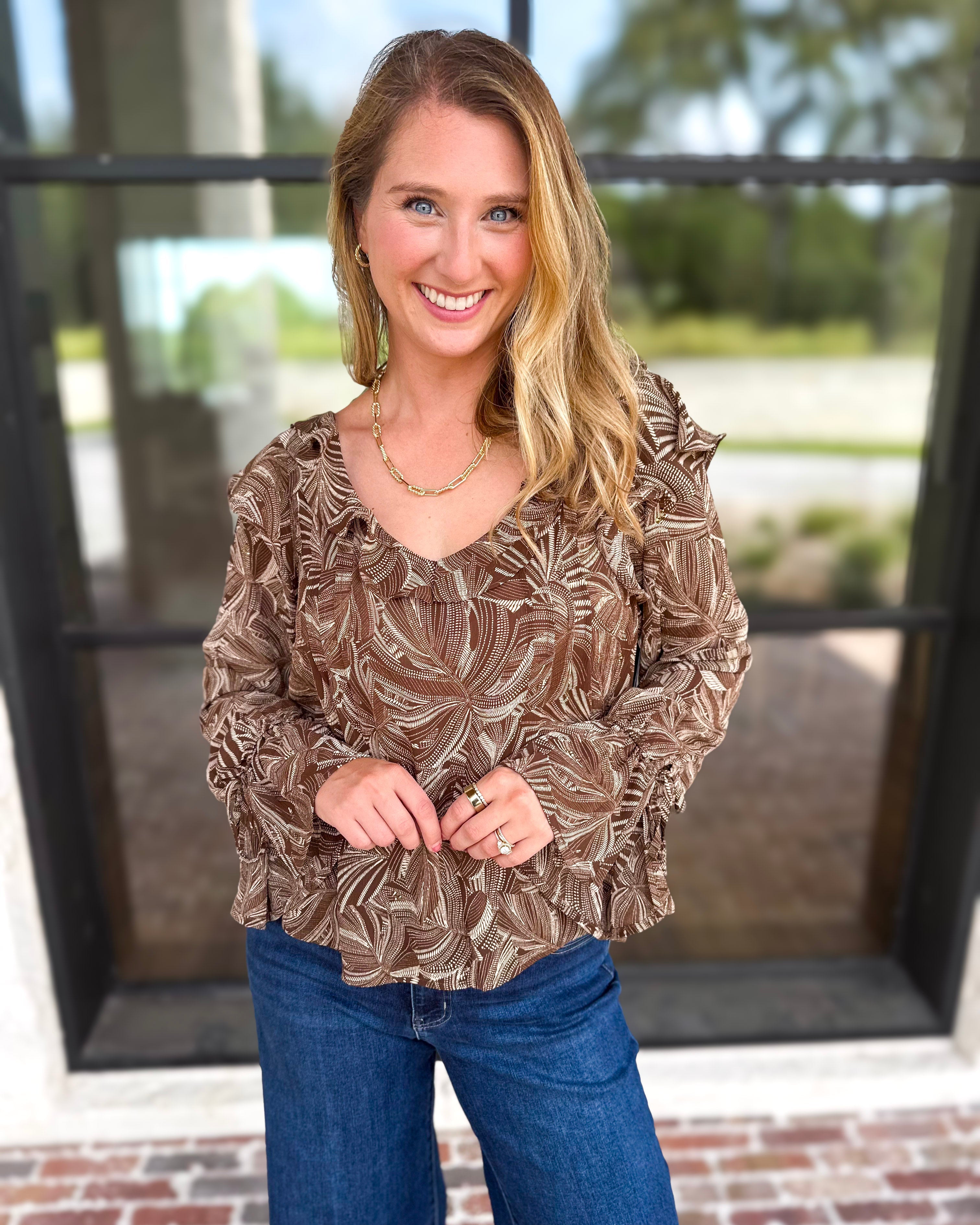 Liverpool - Willow Espresso Ruffle Blouse-200 Fashion Blouses-LIVERPOOL JEANS COMPANY-July & June Women's Fashion Boutique Located in San Antonio, Texas