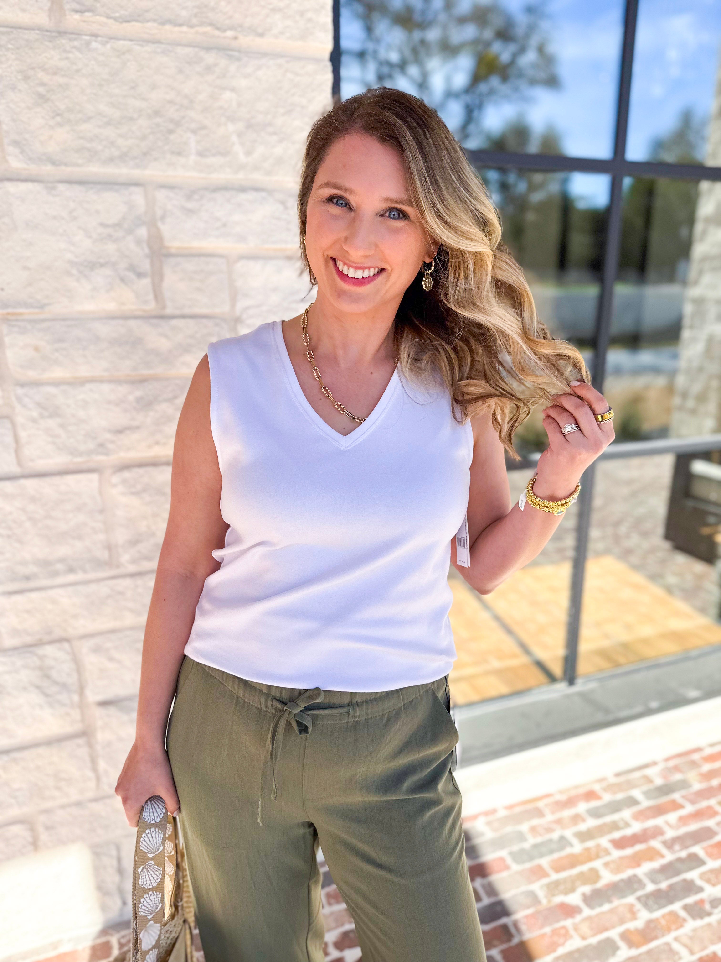 LIVERPOOL - Sleeveless V-Neck Knit Tank - White-210 Casual Blouses-LIVERPOOL JEANS COMPANY-July & June Women's Fashion Boutique Located in San Antonio, Texas