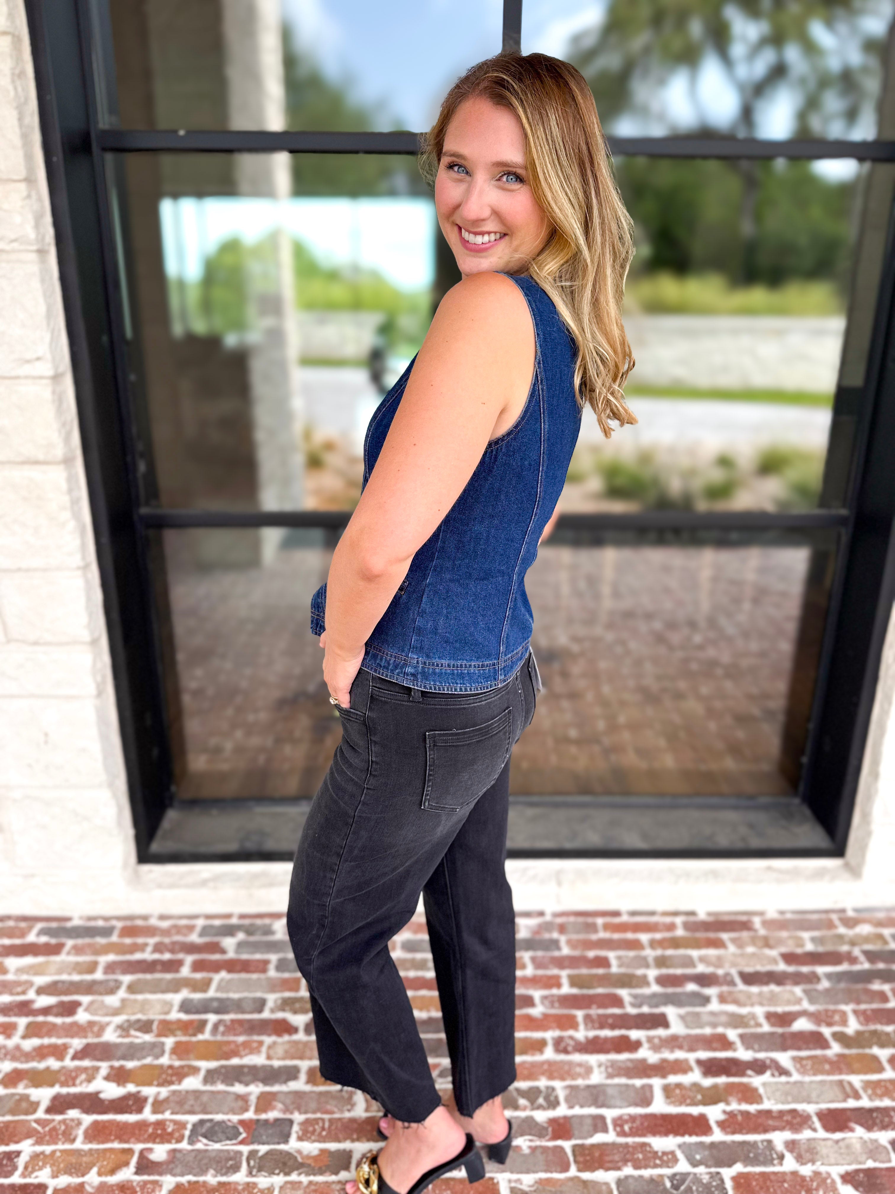 Current Air - Chic Denim Floral Vest-200 Fashion Blouses-CURRENT AIR CLOTHING-July & June Women's Fashion Boutique Located in San Antonio, Texas