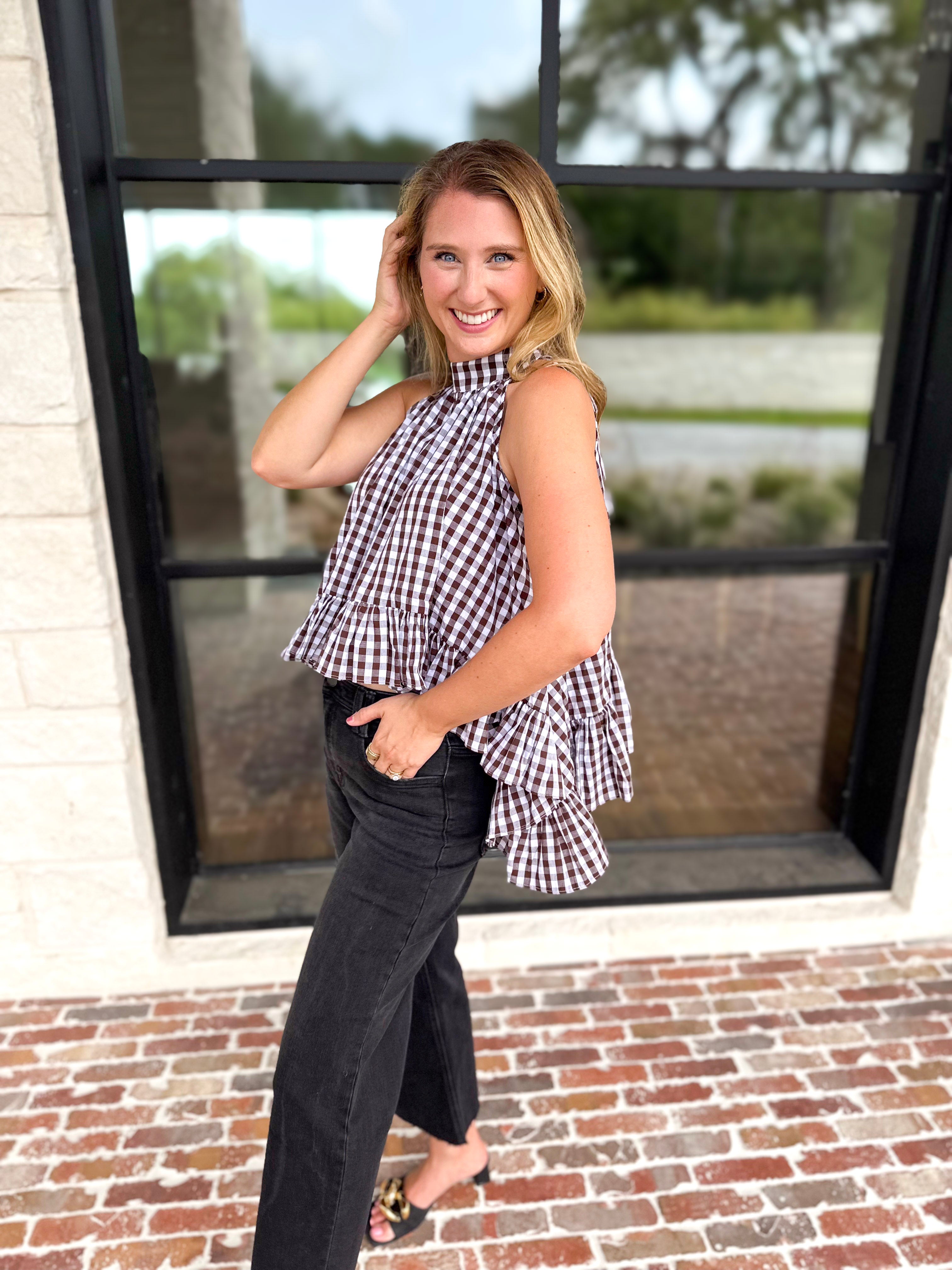 Delia Gingham Halter Blouse-200 Fashion Blouses-OLIVACEOUS-July & June Women's Fashion Boutique Located in San Antonio, Texas