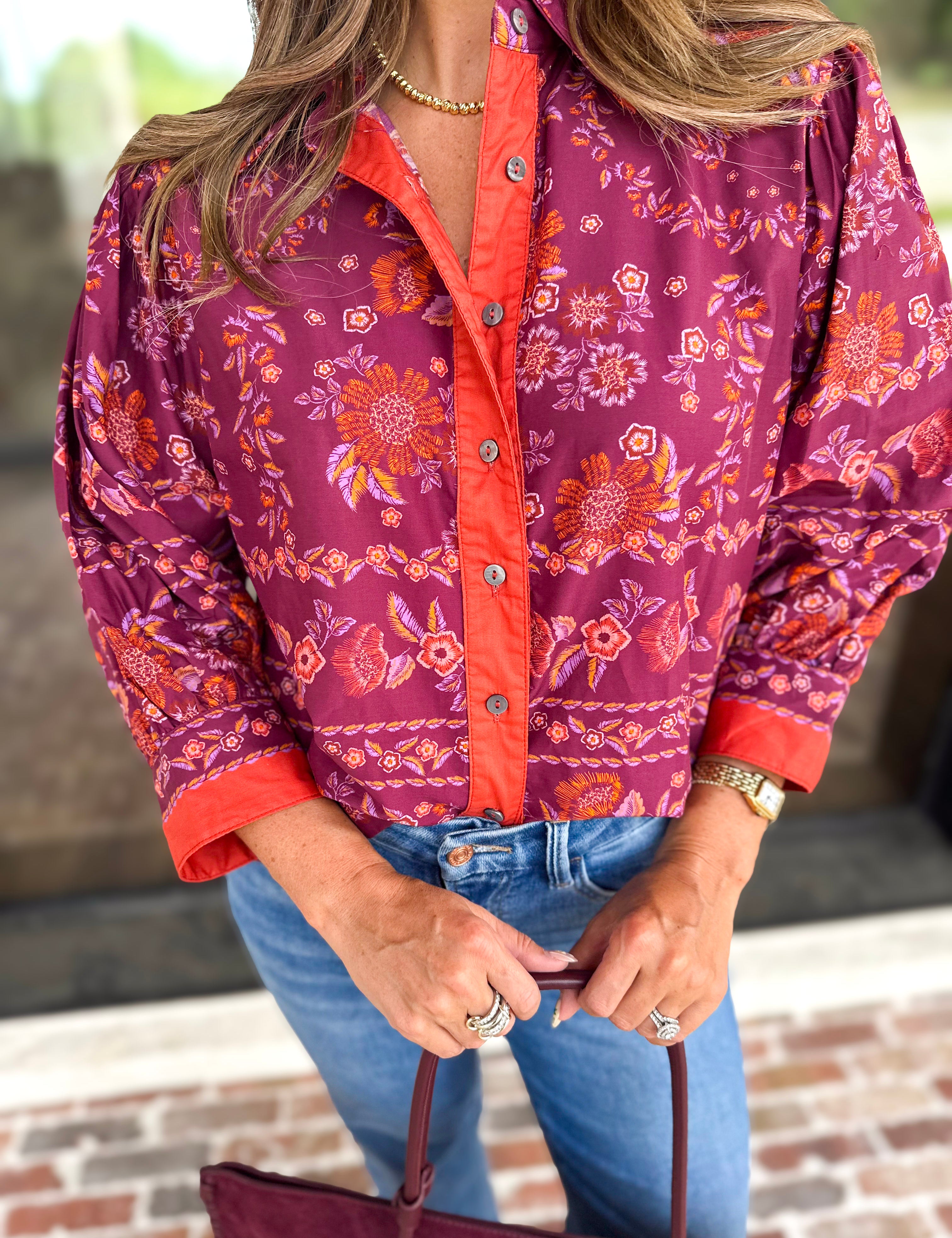 Spiced Plum Floral Blouse-200 Fashion Blouses-ENTRO-July & June Women's Fashion Boutique Located in San Antonio, Texas