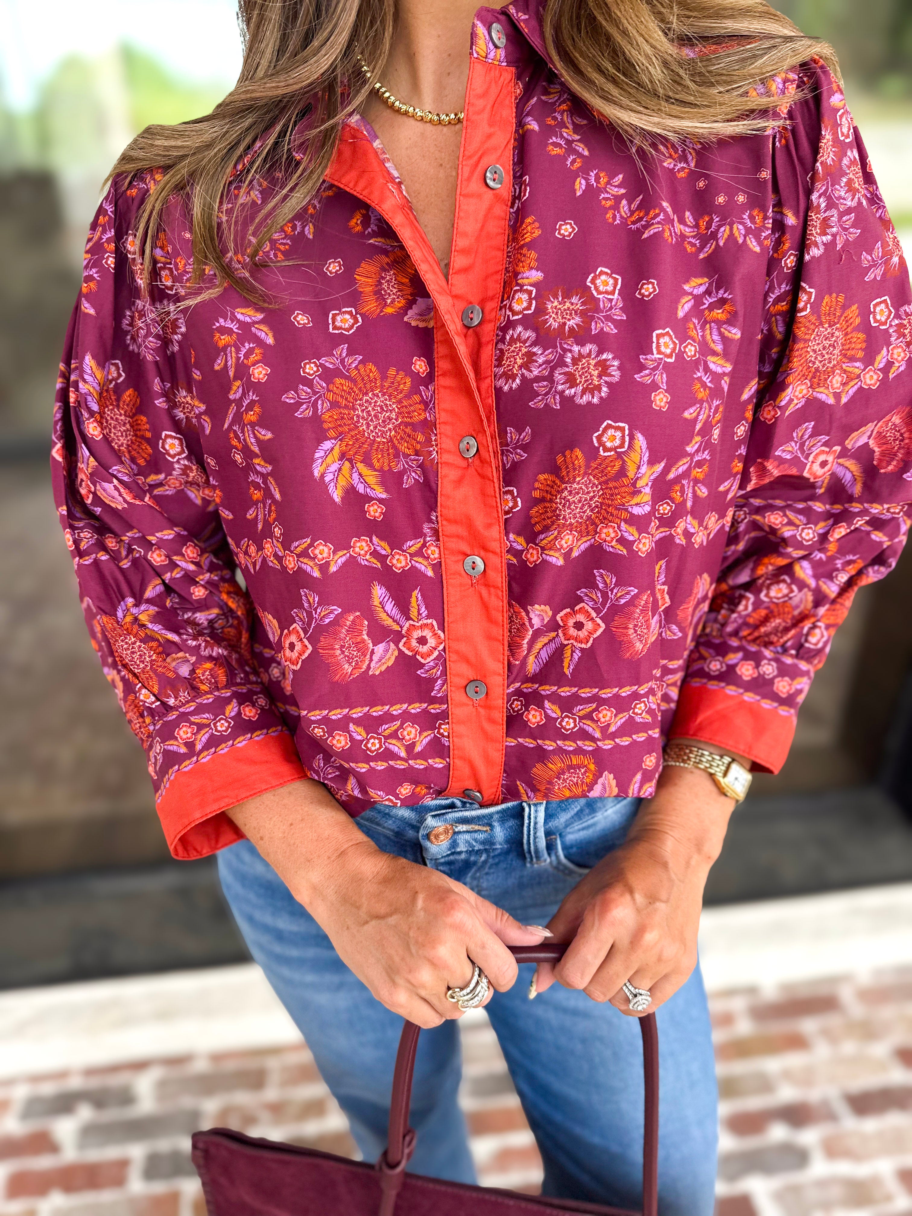 Spiced Plum Floral Blouse-200 Fashion Blouses-ENTRO-July & June Women's Fashion Boutique Located in San Antonio, Texas