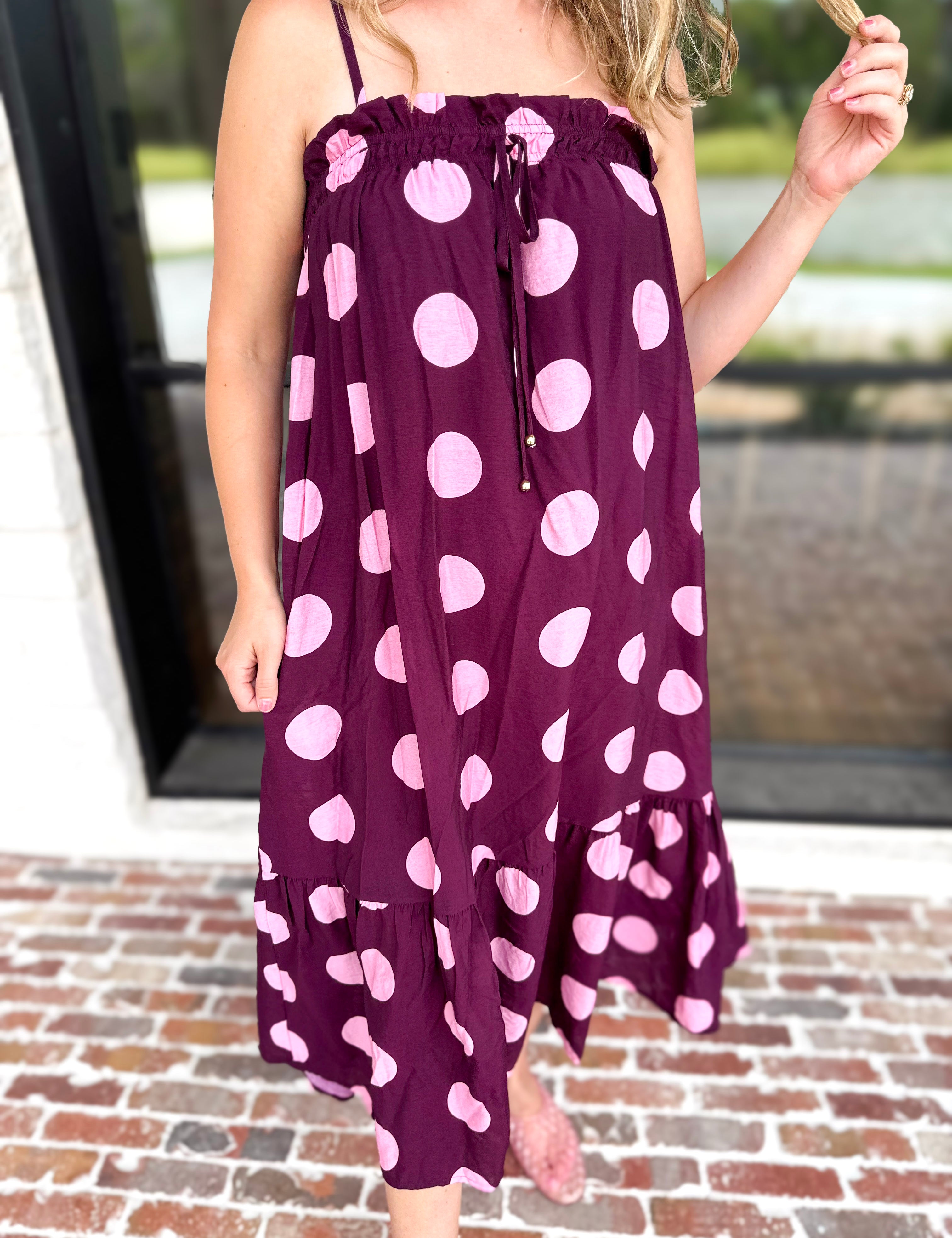 Pink Ganache Polka Dot Midi Dress-500 Midi-ENTRO-July & June Women's Fashion Boutique Located in San Antonio, Texas