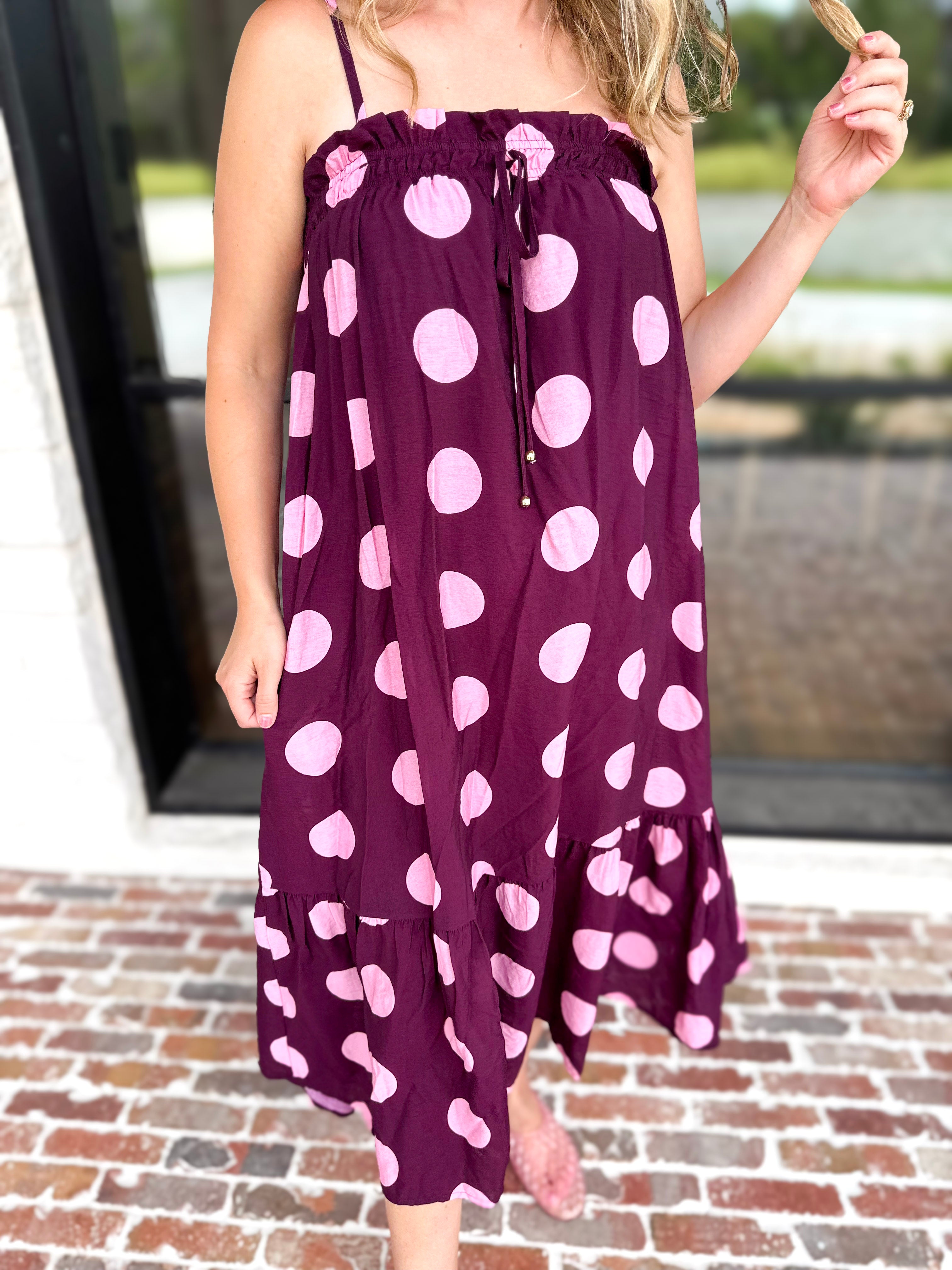 Pink Ganache Polka Dot Midi Dress-500 Midi-ENTRO-July & June Women's Fashion Boutique Located in San Antonio, Texas