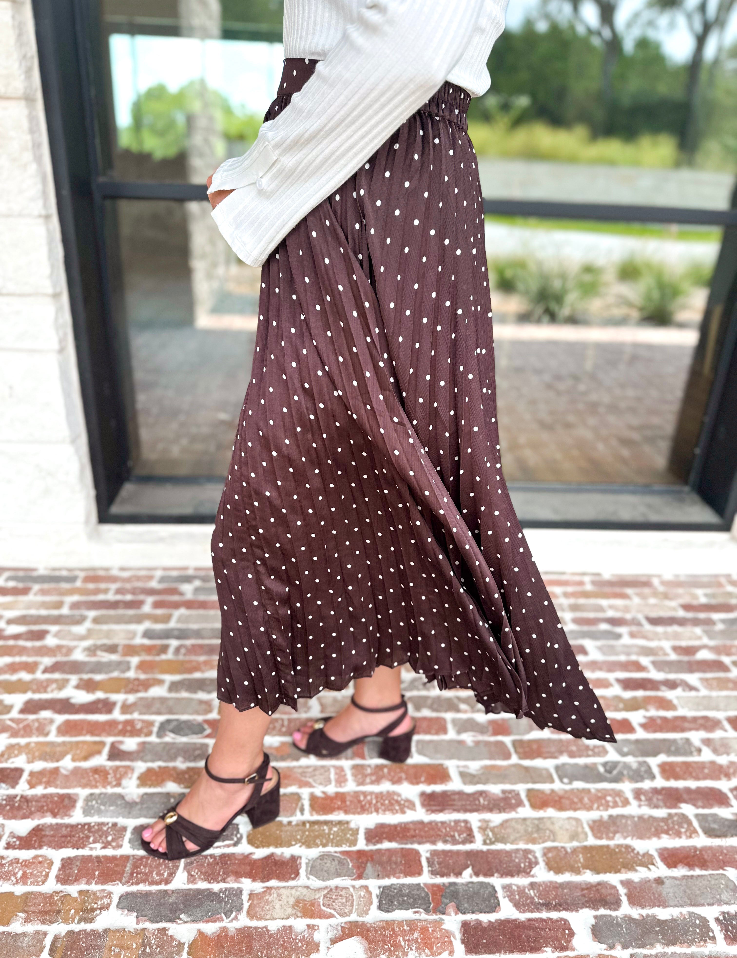 Chocolate Brown Polka Dot Midi Skirt-500 Midi-SKIES ARE BLUE-July & June Women's Fashion Boutique Located in San Antonio, Texas