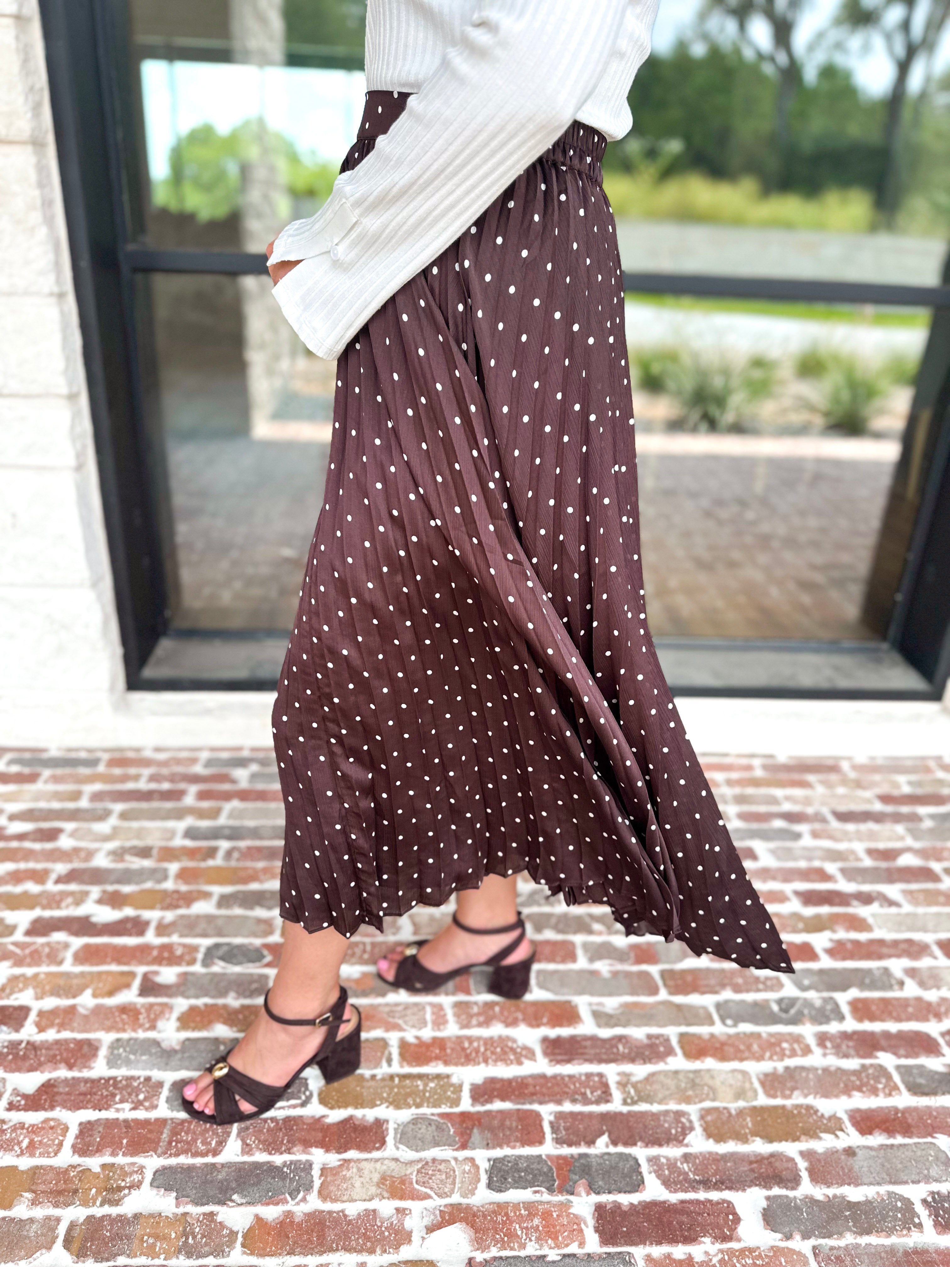 Chocolate Brown Polka Dot Midi Skirt-500 Midi-SKIES ARE BLUE-July & June Women's Fashion Boutique Located in San Antonio, Texas
