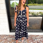 Polka Dot Peplum Midi Dress - Black-500 Midi-ENTRO-July & June Women's Fashion Boutique Located in San Antonio, Texas