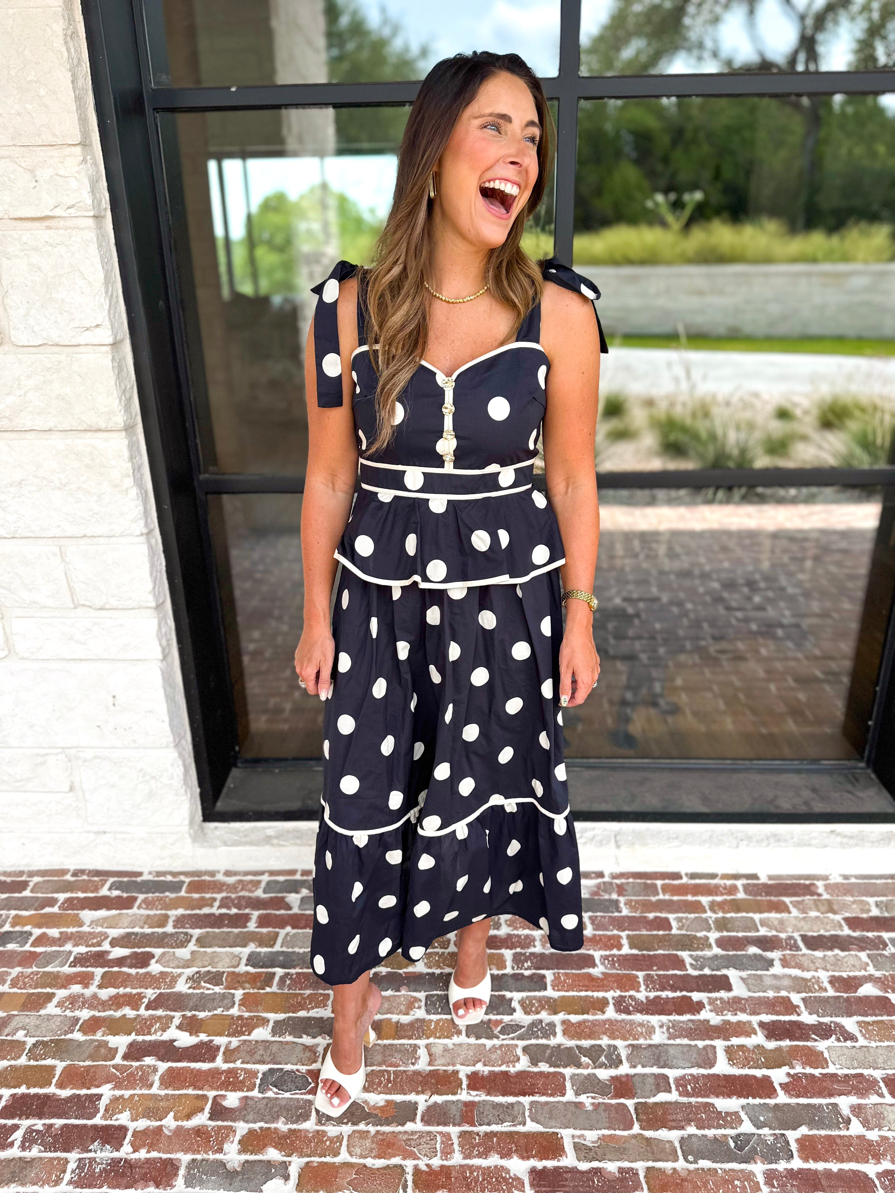 Polka Dot Peplum Midi Dress - Black-500 Midi-ENTRO-July & June Women's Fashion Boutique Located in San Antonio, Texas