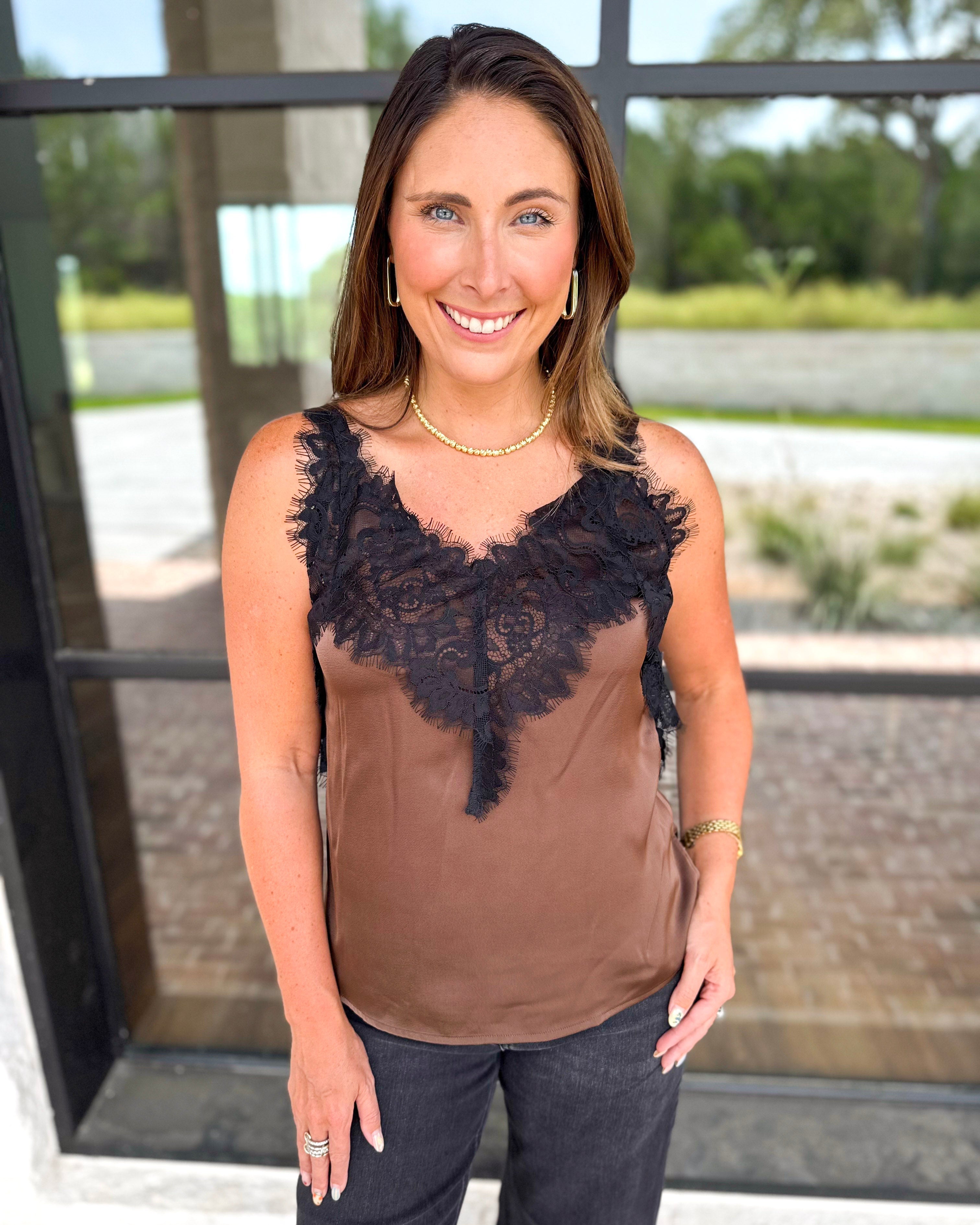 Liverpool - Date Night Lace Cami - Deep Espresso-200 Fashion Blouses-LIVERPOOL JEANS COMPANY-July & June Women's Fashion Boutique Located in San Antonio, Texas