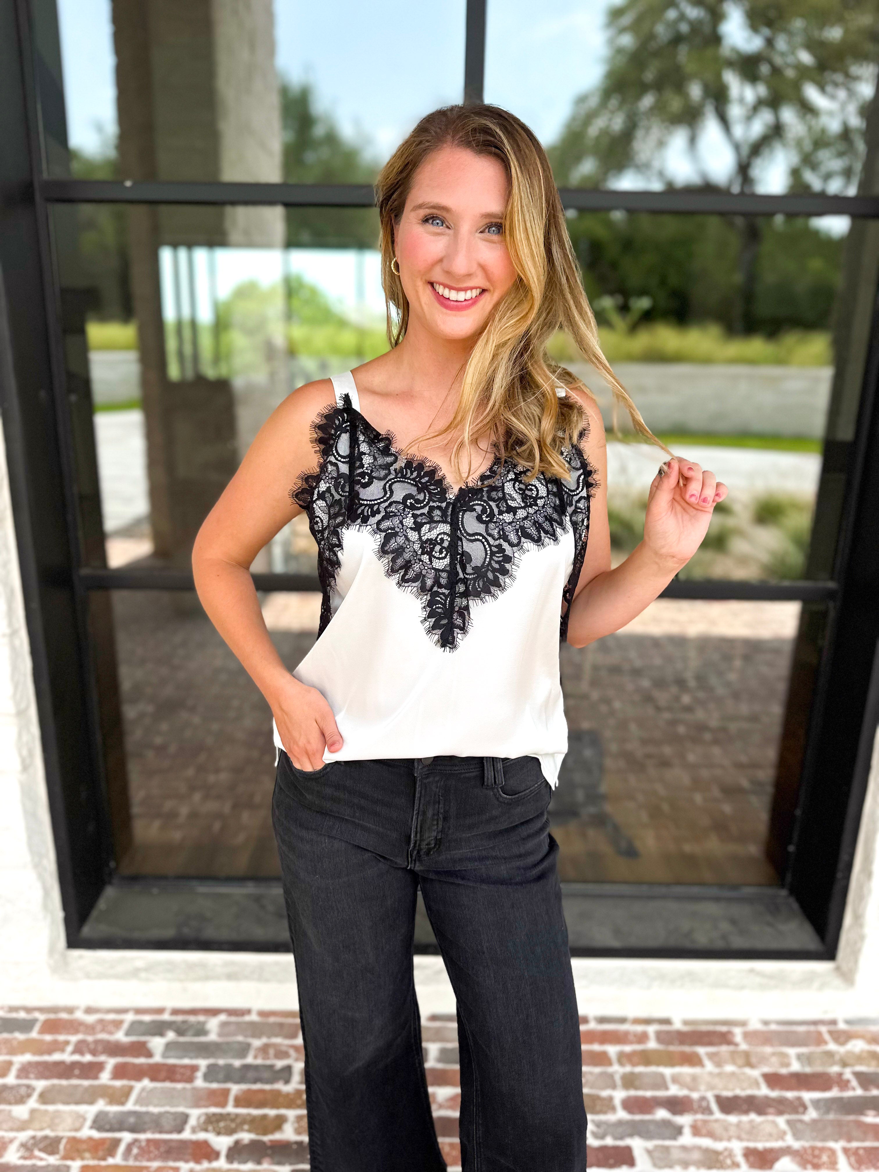 Liverpool - Date Night Lace Cami - Ivory-200 Fashion Blouses-LIVERPOOL JEANS COMPANY-July & June Women's Fashion Boutique Located in San Antonio, Texas