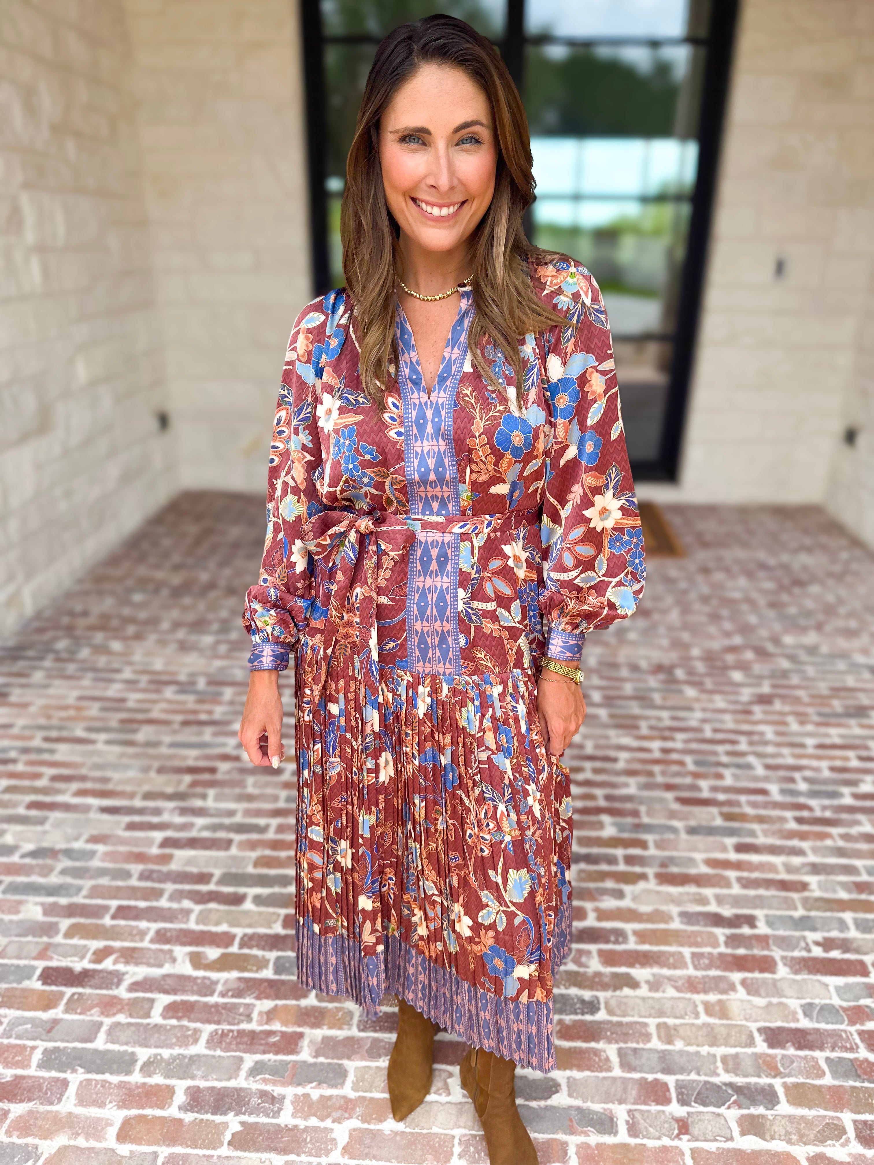 Current Air - Fall Gardens Midi Dress-500 Midi-CURRENT AIR CLOTHING-July & June Women's Fashion Boutique Located in San Antonio, Texas