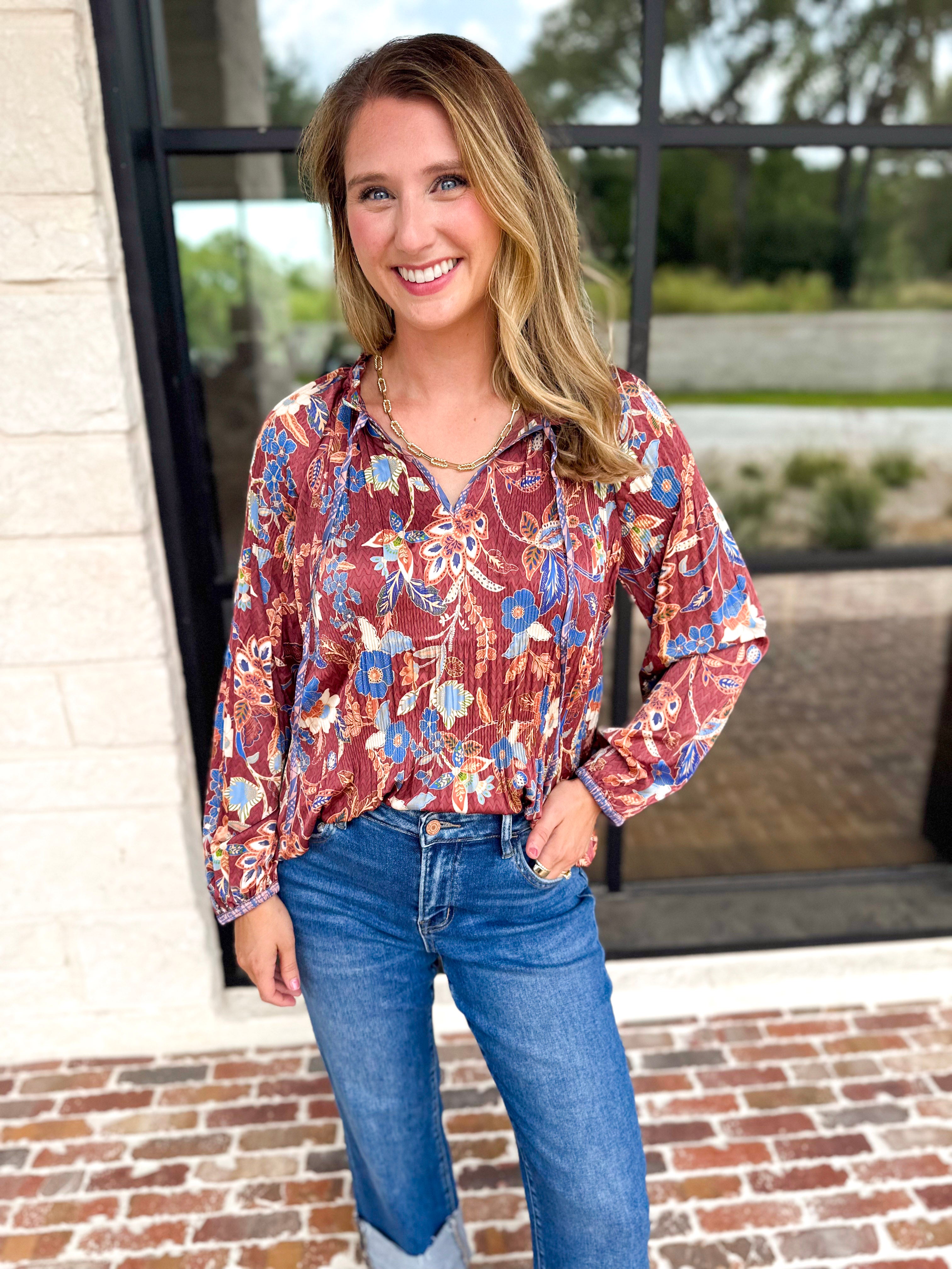 Current Air - Fall Gardens Blouse-200 Fashion Blouses-CURRENT AIR CLOTHING-July & June Women's Fashion Boutique Located in San Antonio, Texas