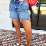 Vervet - High Rise Midi Medium Wash Short-400 Pants-VEVERT BY FLYING MONKEY-July & June Women's Fashion Boutique Located in San Antonio, Texas
