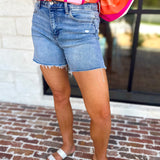 Vervet - High Rise Midi Medium Wash Short-400 Pants-VEVERT BY FLYING MONKEY-July & June Women's Fashion Boutique Located in San Antonio, Texas