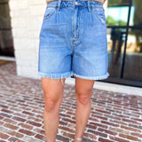 Vervet - High Rise Pleated Denim Shorts-410 Shorts/Skirts-VEVERT BY FLYING MONKEY-July & June Women's Fashion Boutique Located in San Antonio, Texas