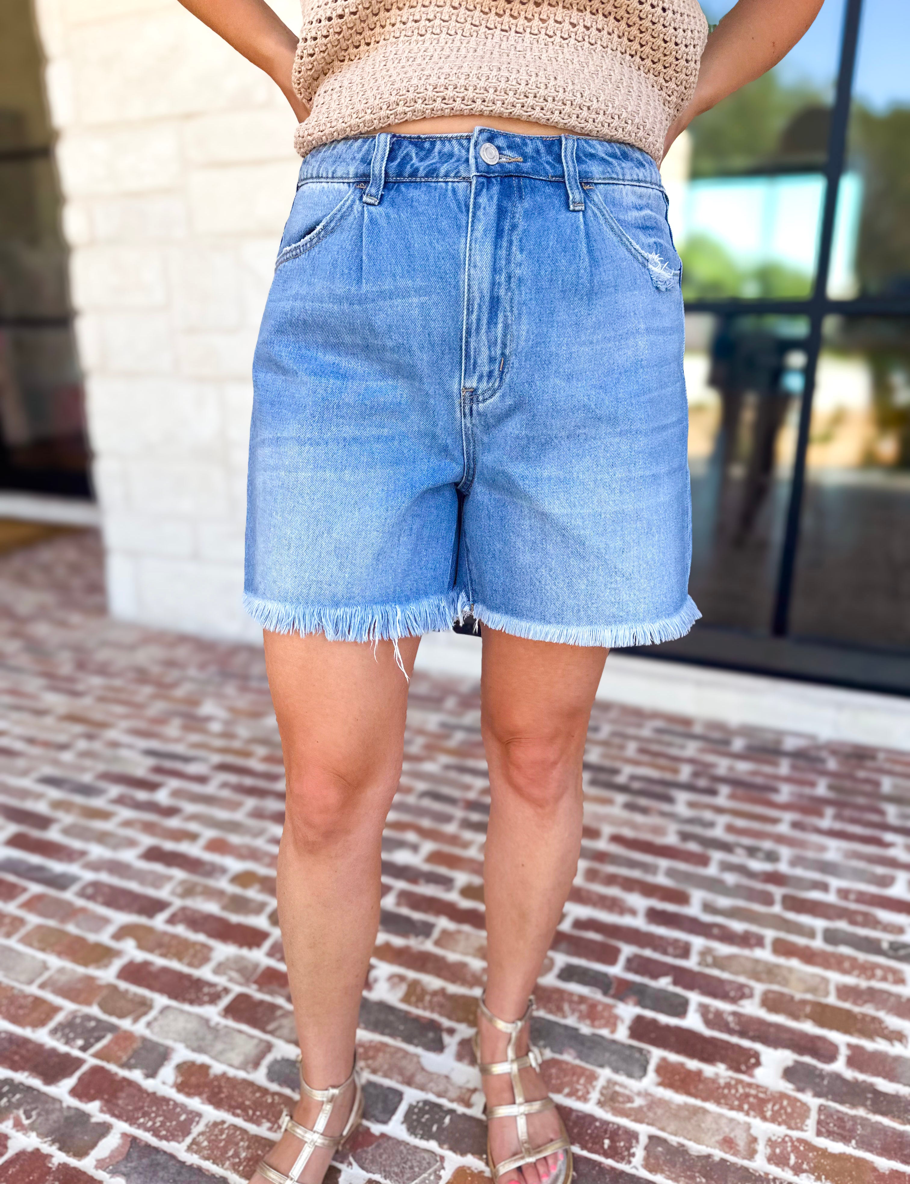 Vervet - High Rise Pleated Denim Shorts-410 Shorts/Skirts-VEVERT BY FLYING MONKEY-July & June Women's Fashion Boutique Located in San Antonio, Texas