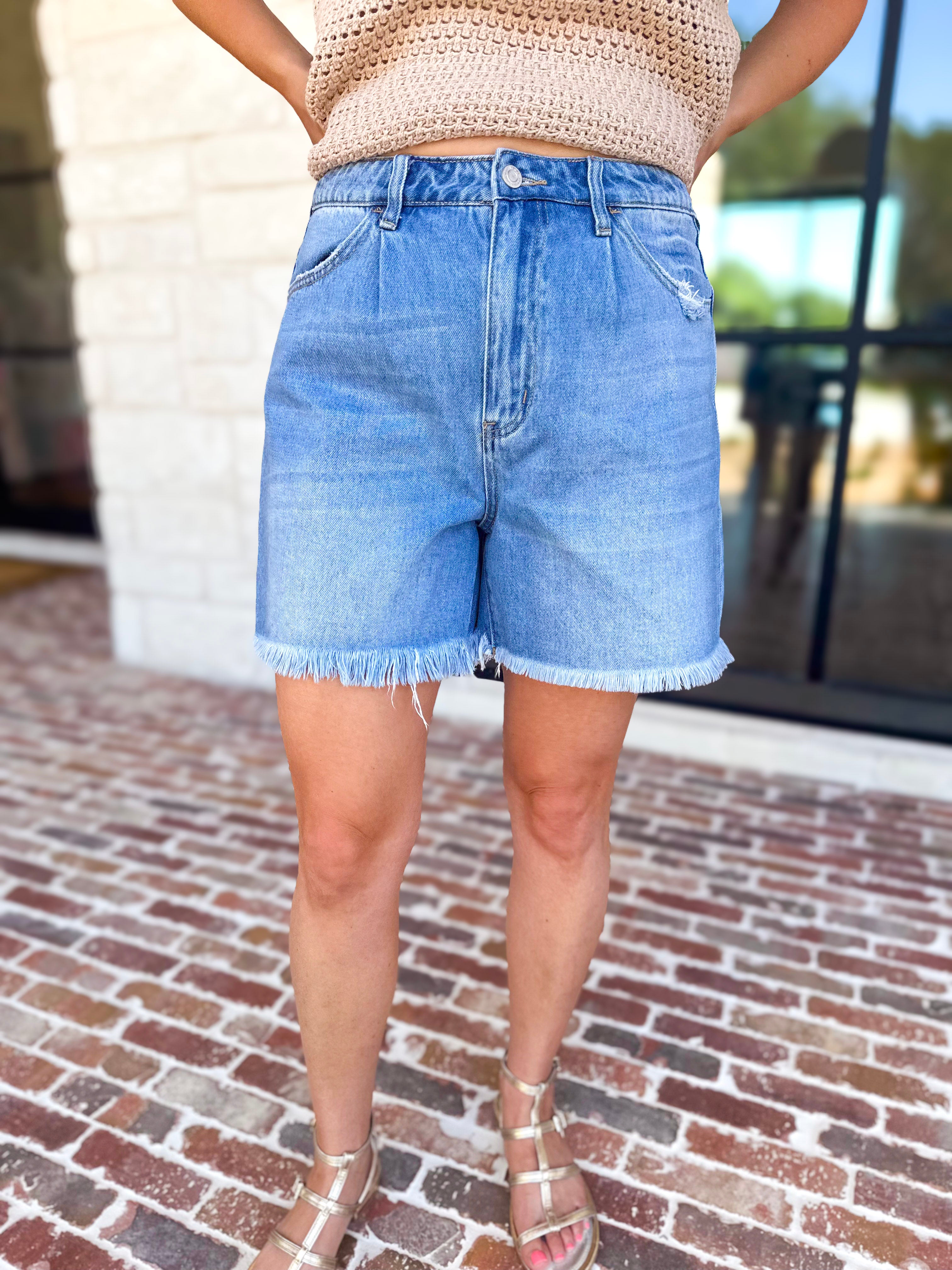 Vervet - High Rise Pleated Denim Shorts-410 Shorts/Skirts-VEVERT BY FLYING MONKEY-July & June Women's Fashion Boutique Located in San Antonio, Texas