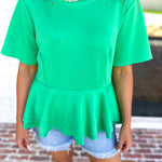Kelly Green Peplum Comfy Top-210 Casual Blouses-ENTRO-July & June Women's Fashion Boutique Located in San Antonio, Texas