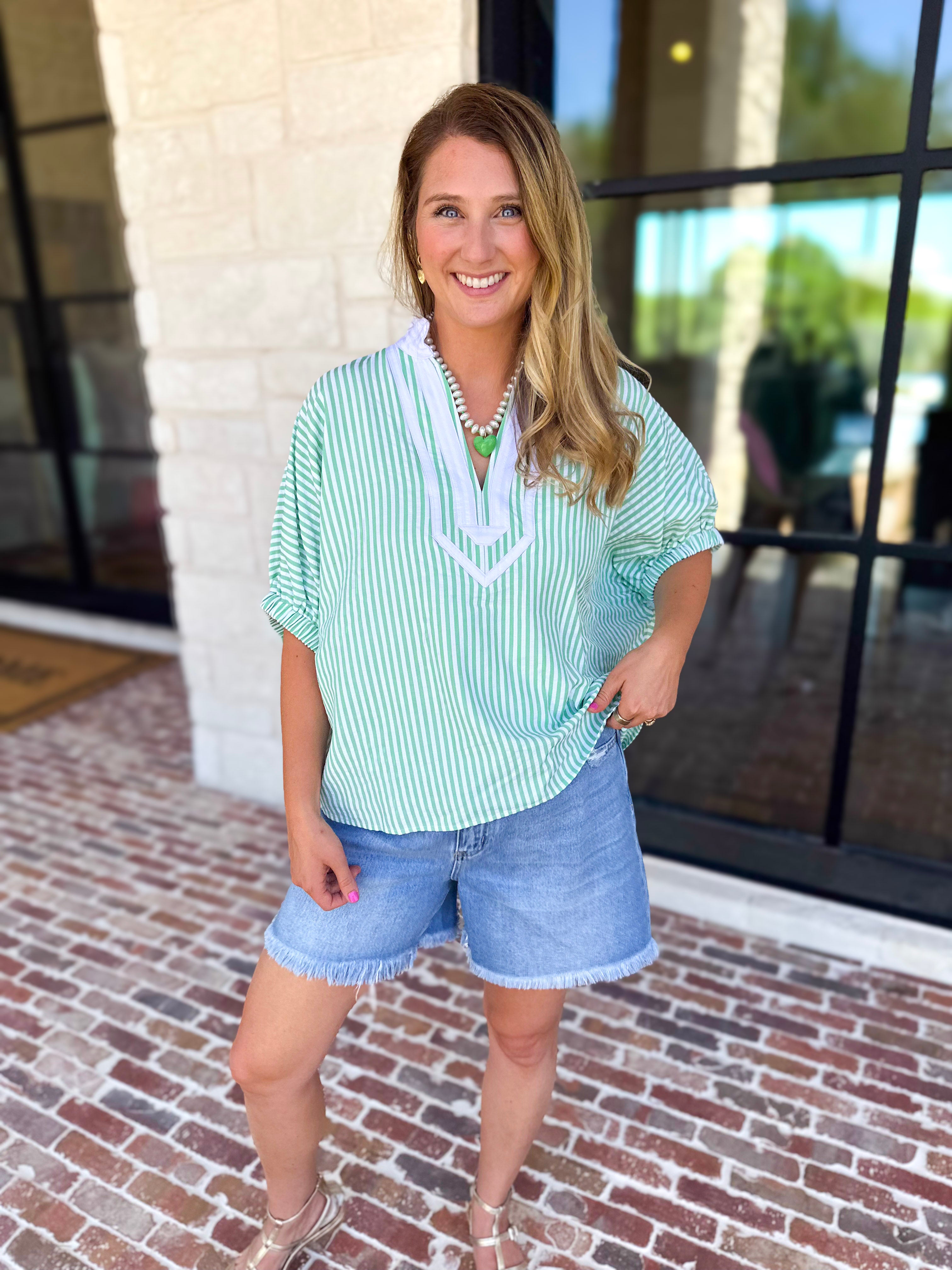 Seersucker Sweet Blouse - Light Green-200 Fashion Blouses-ENTRO-July & June Women's Fashion Boutique Located in San Antonio, Texas
