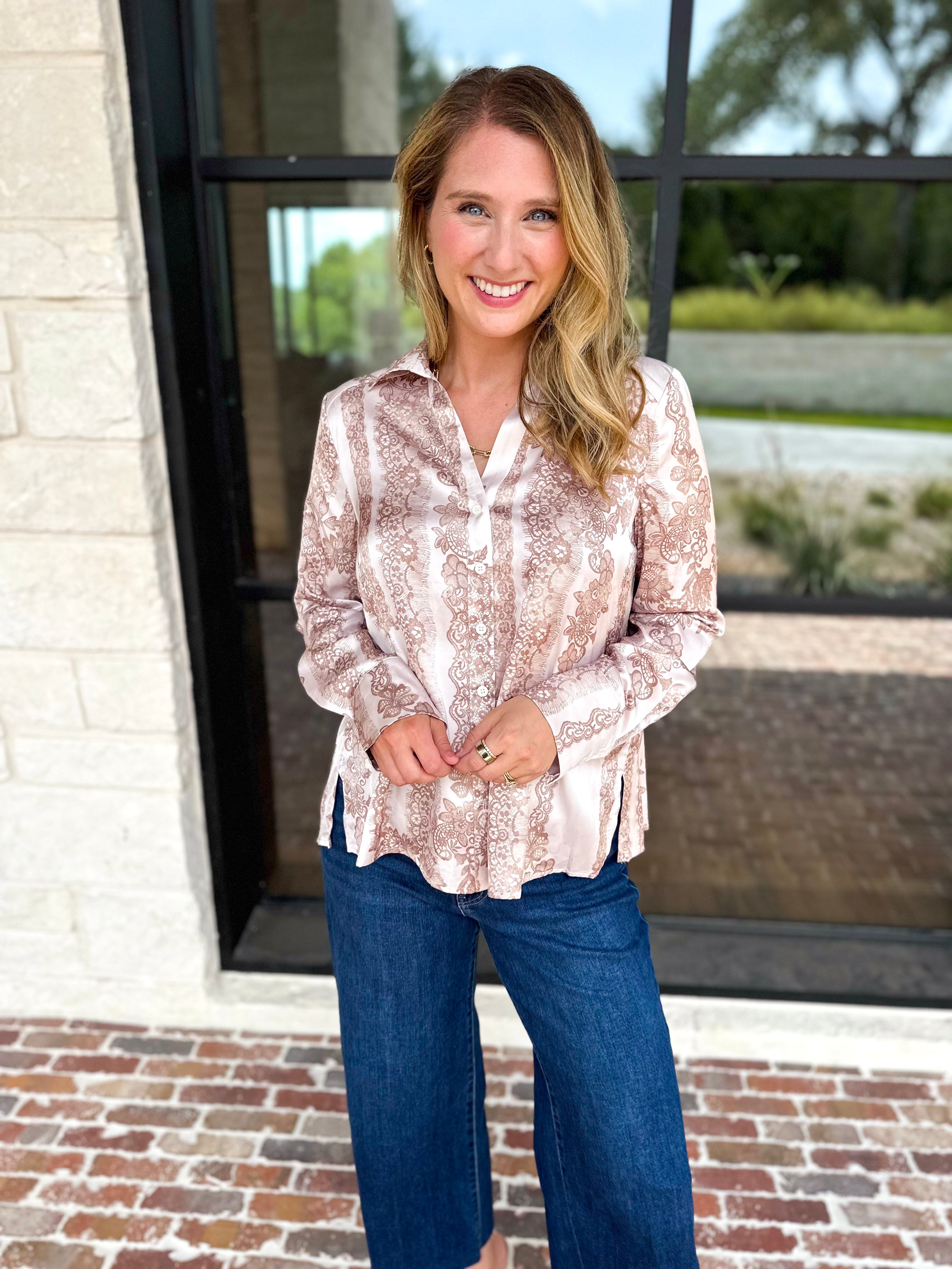 Current Air - Rosé Satin Button Down Blouse-200 Fashion Blouses-CURRENT AIR CLOTHING-July & June Women's Fashion Boutique Located in San Antonio, Texas