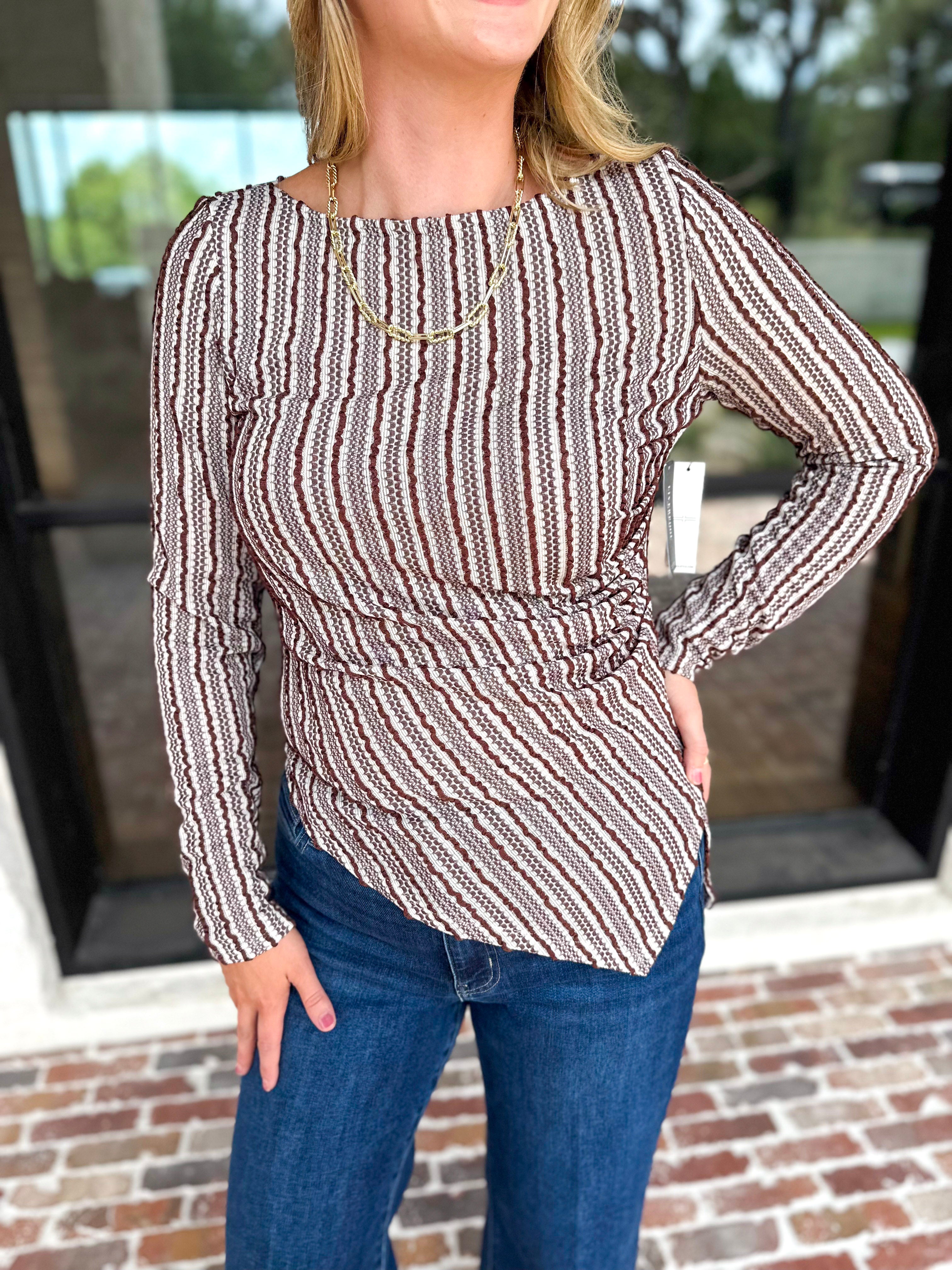 Liverpool - Asymmetrical Striped Blouse-200 Fashion Blouses-LIVERPOOL JEANS COMPANY-July & June Women's Fashion Boutique Located in San Antonio, Texas