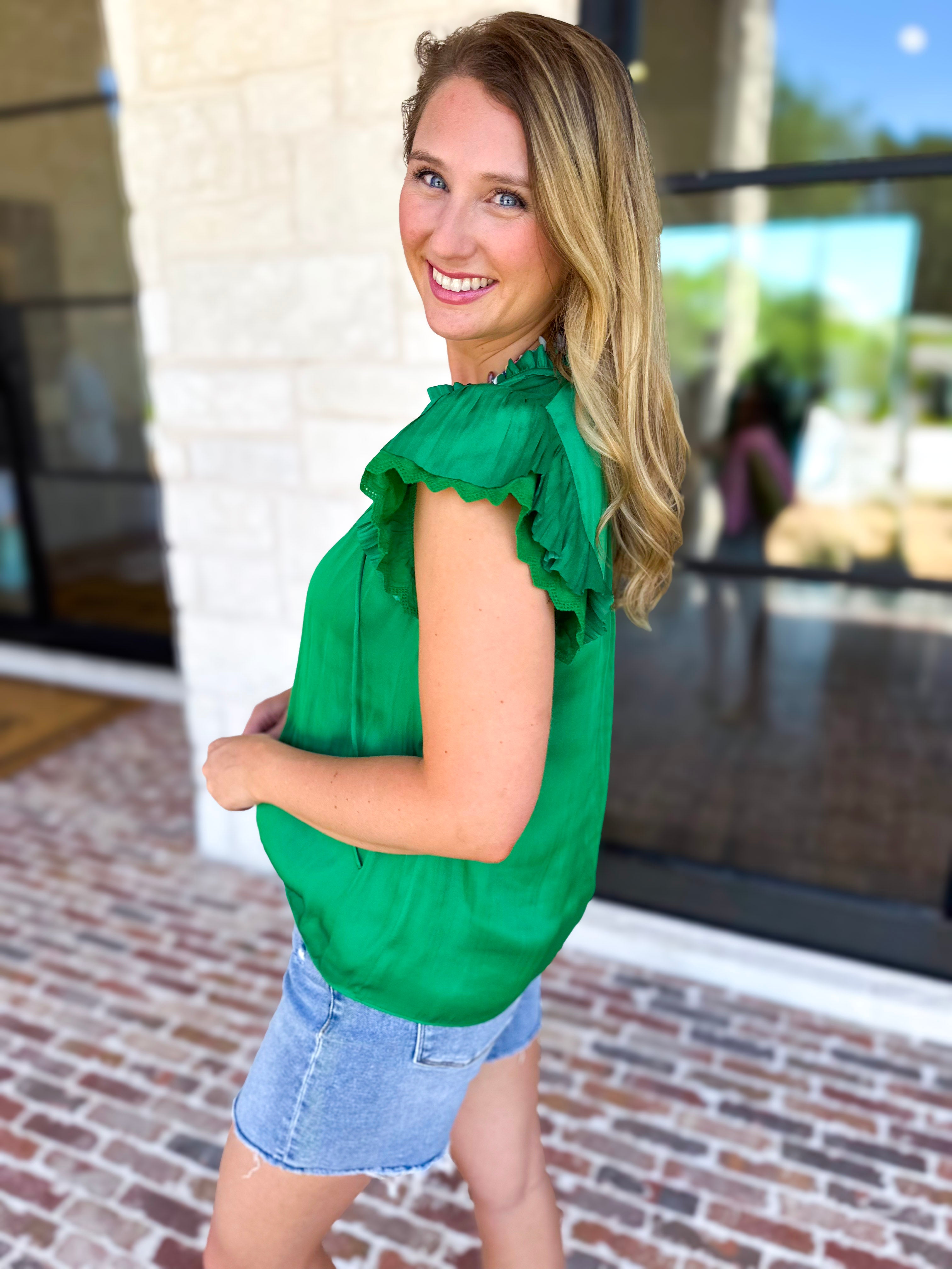 Current Air - Kelly Green Crochet Details Blouse-200 Fashion Blouses-CURRENT AIR CLOTHING-July & June Women's Fashion Boutique Located in San Antonio, Texas