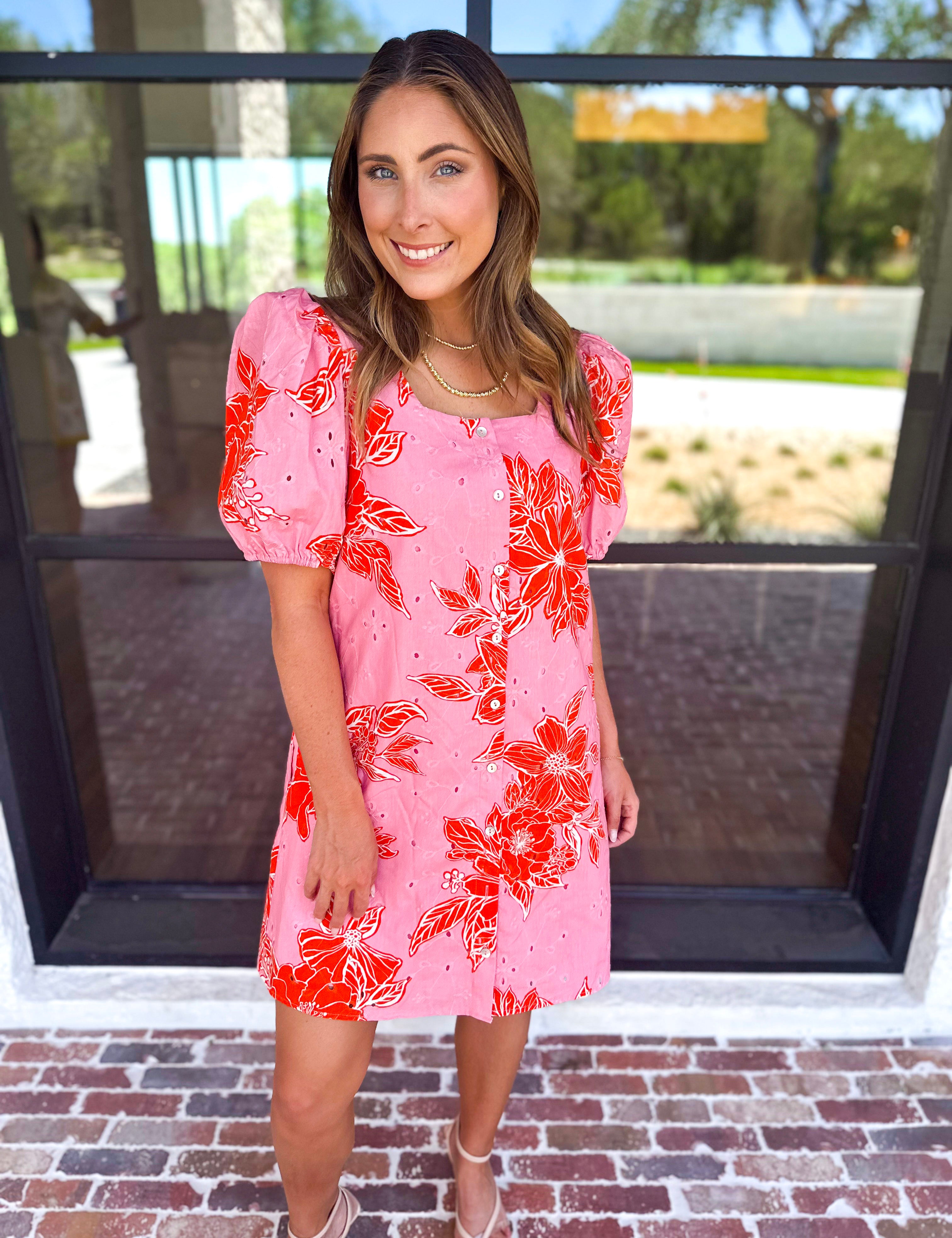 Pink & Orange Floral Mini Dress-510 Mini-ENTRO-July & June Women's Fashion Boutique Located in San Antonio, Texas